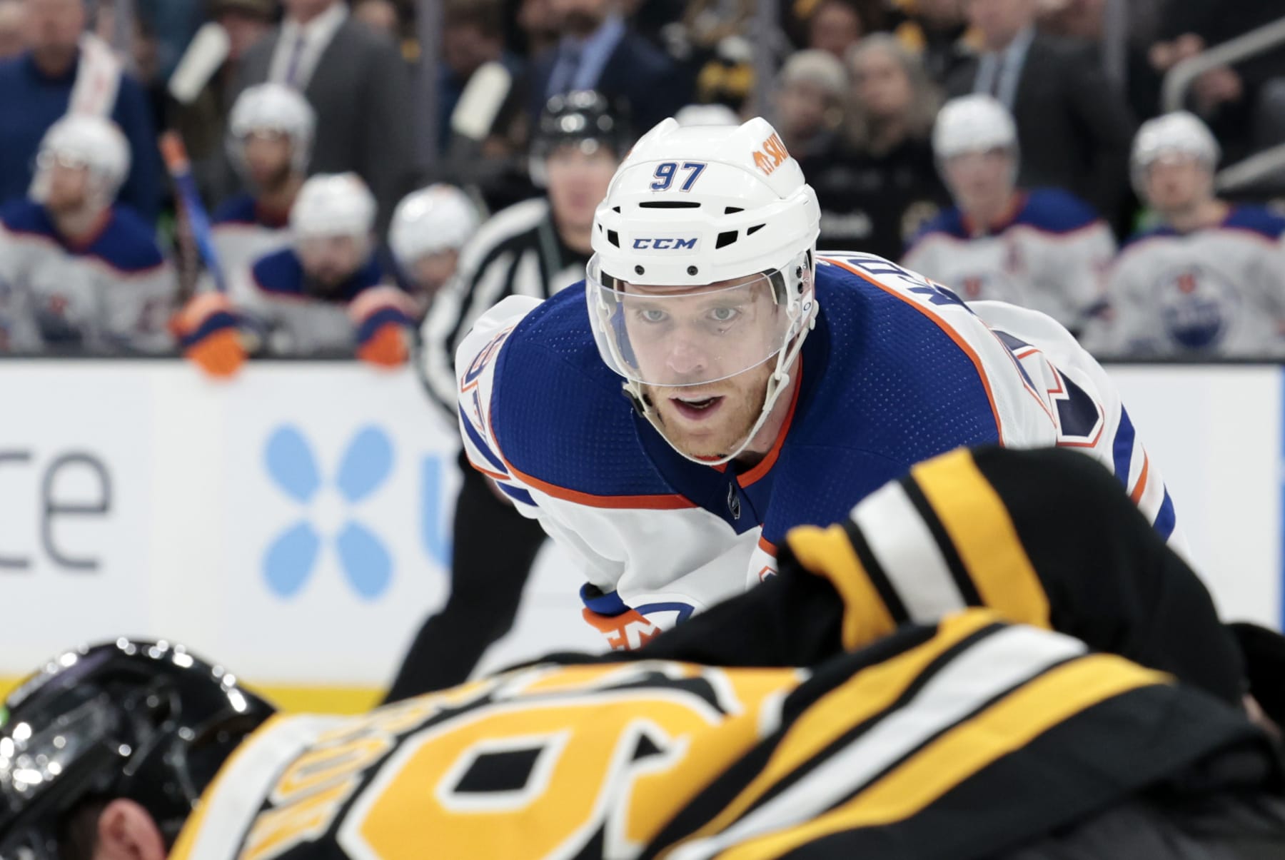 BOSTON, MA - MARCH 09: Edmonton Oilers center Connor McDavid (97) eyes a face off during a game between the Boston Bruins and the Edmonton Oilers on March 9, 2023, at TD garden in Boston, Massachusetts. (Photo by Fred Kfoury III/Icon Sportswire via Getty Images)