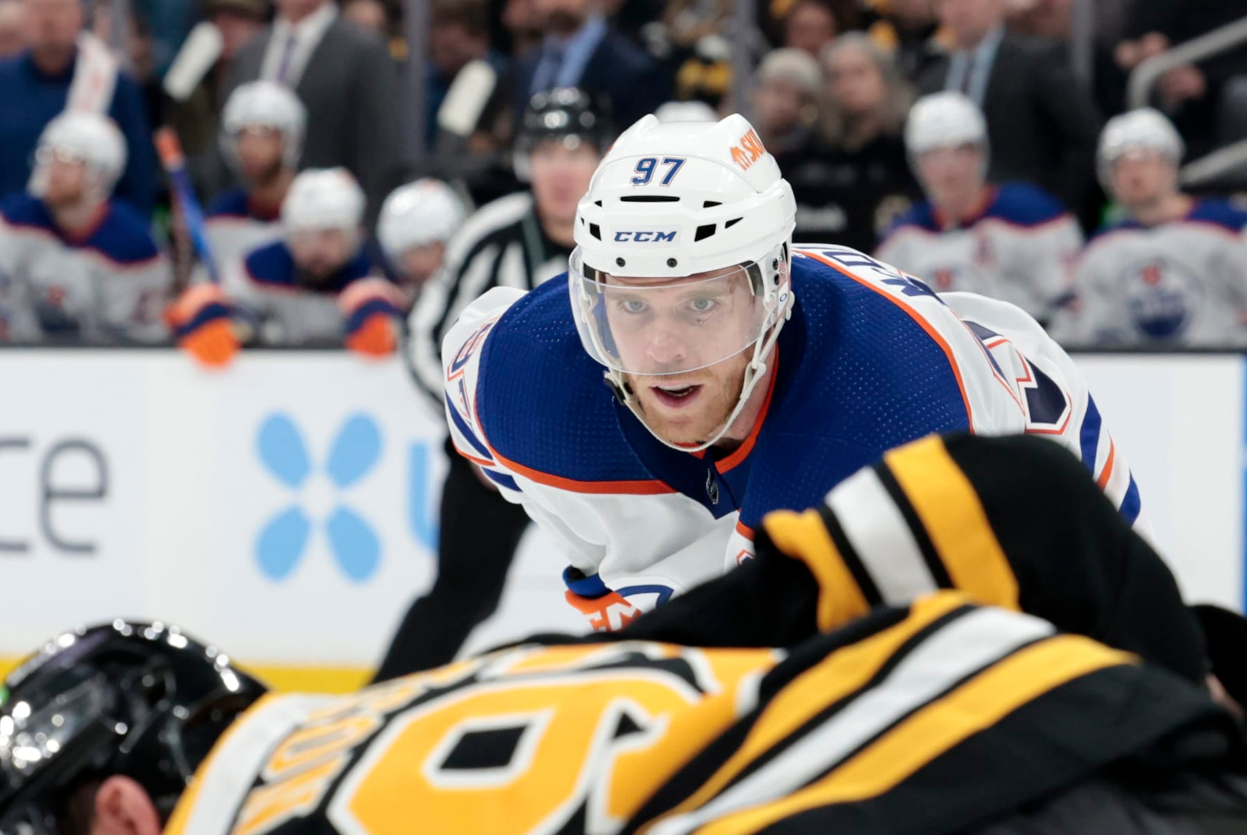 BOSTON, MA - MARCH 09: Edmonton Oilers center Connor McDavid (97) eyes a face off during a game between the Boston Bruins and the Edmonton Oilers on March 9, 2023, at TD garden in Boston, Massachusetts. (Photo by Fred Kfoury III/Icon Sportswire via Getty Images)