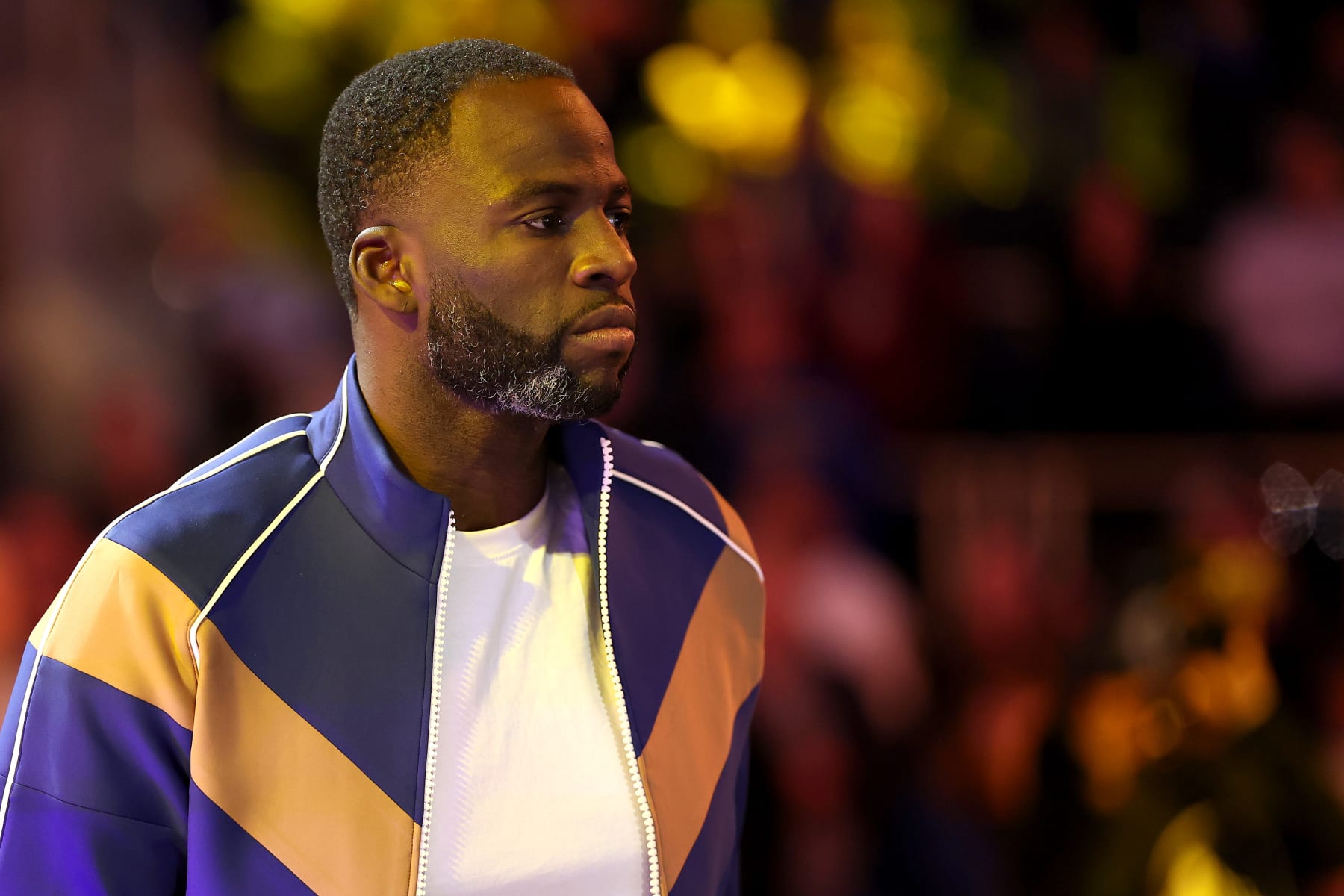SAN FRANCISCO, CALIFORNIA - JANUARY 10: Draymond Green #23 of the Golden State Warriors stands on the court during player introductions before their game against the New Orleans Pelicans at Chase Center on January 10, 2024 in San Francisco, California. NOTE TO USER: User expressly acknowledges and agrees that, by downloading and or using this photograph, User is consenting to the terms and conditions of the Getty Images License Agreement.  (Photo by Ezra Shaw/Getty Images)