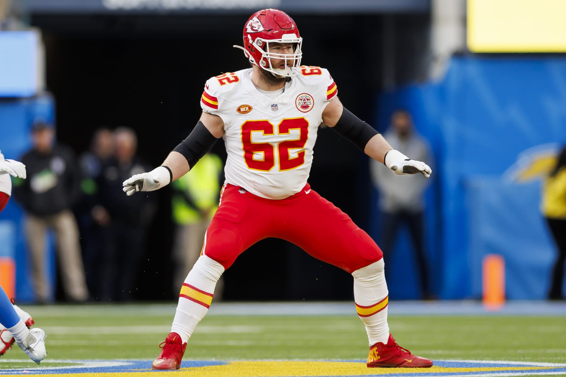 INGLEWOOD, CALIFORNIA - JANUARY 07: Joe Thuney #62 of the Kansas City Chiefs blocks during an NFL football game against the Los Angeles Chargers at SoFi Stadium on January 7, 2024 in Inglewood, California. (Photo by Ryan Kang/Getty Images)