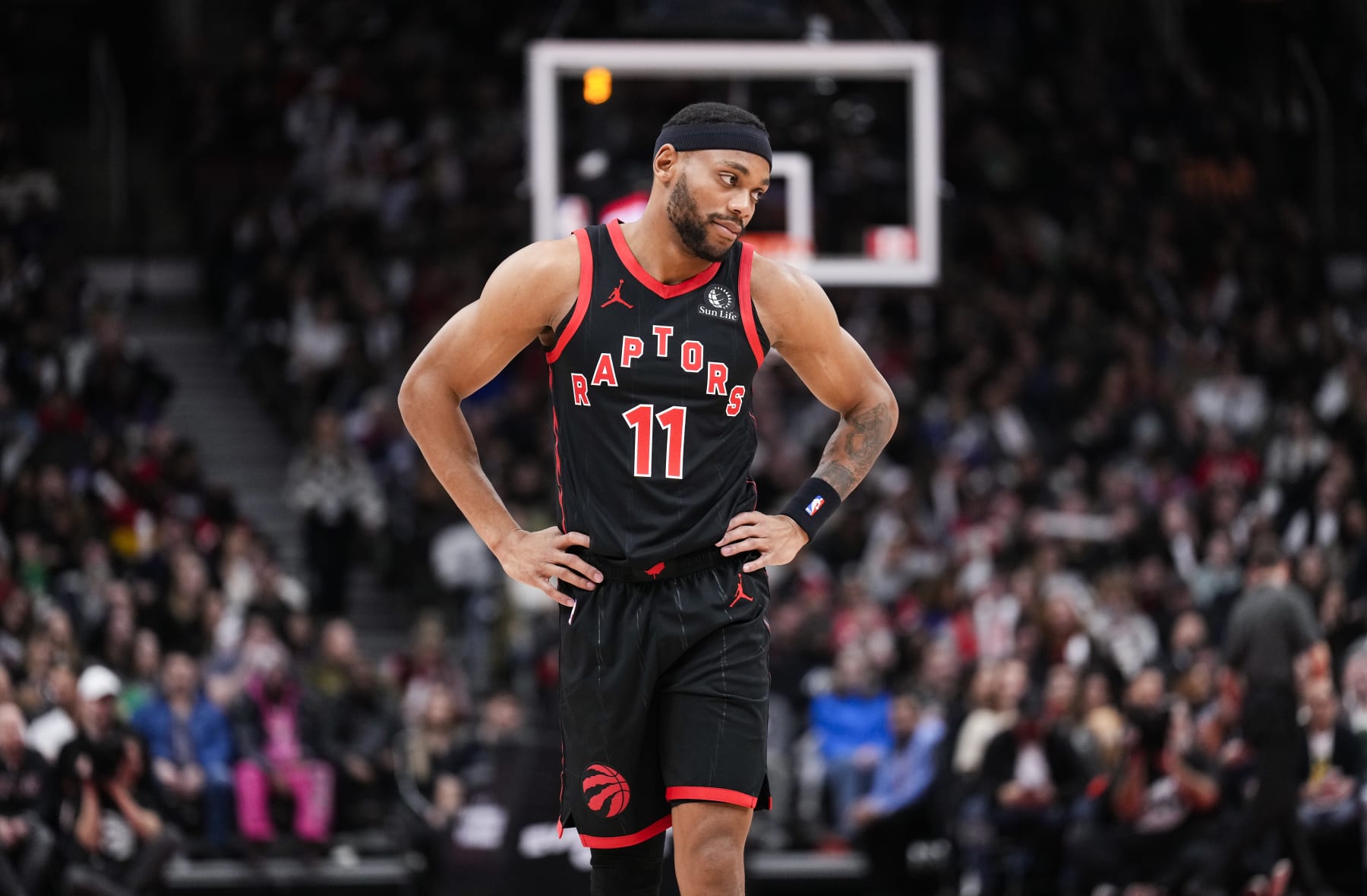 TORONTO, ON - JANUARY 18: Bruce Brown #11 of the Toronto Raptors looks on against the Toronto Raptors during the first half of their basketball game at the Scotiabank Arena on January 18, 2024 in Toronto, Ontario, Canada. NOTE TO USER: User expressly acknowledges and agrees that, by downloading and/or using this Photograph, user is consenting to the terms and conditions of the Getty Images License Agreement. (Photo by Mark Blinch/Getty Images) TORONTO, ON - JANUARY 18: Bruce Brown #11 of the Toronto Raptors looks on against the Toronto Raptors during the first half of their basketball game at the Scotiabank Arena on January 18, 2024 in Toronto, Ontario, Canada. NOTE TO USER: User expressly acknowledges and agrees that, by downloading and/or using this Photograph, user is consenting to the terms and conditions of the Getty Images License Agreement. (Photo by Mark Blinch/Getty Images)