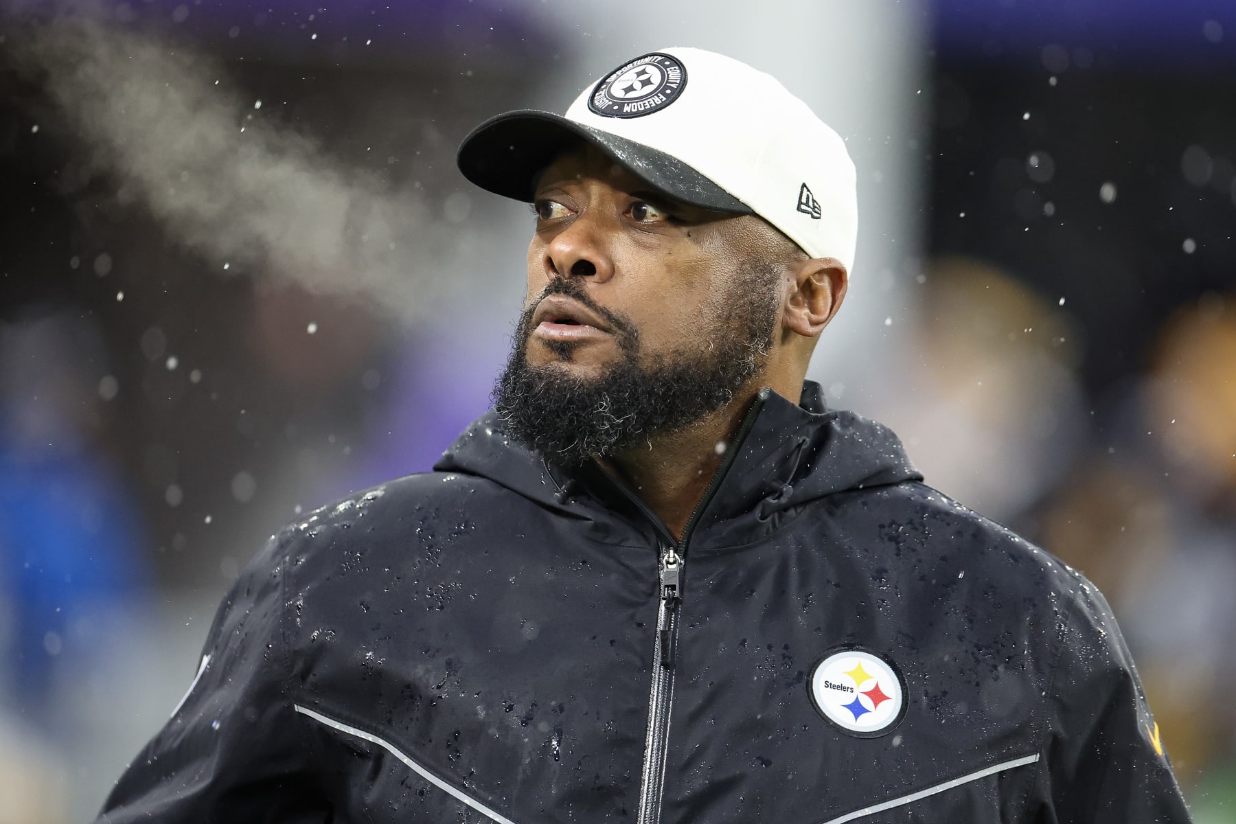 BALTIMORE, MARYLAND - JANUARY 06: Head coach Mike Tomlin of the Pittsburgh Steelers looks on prior to a game against the Baltimore Ravens at M&T Bank Stadium on January 06, 2024 in Baltimore, Maryland. (Photo by Rob Carr/Getty Images)
