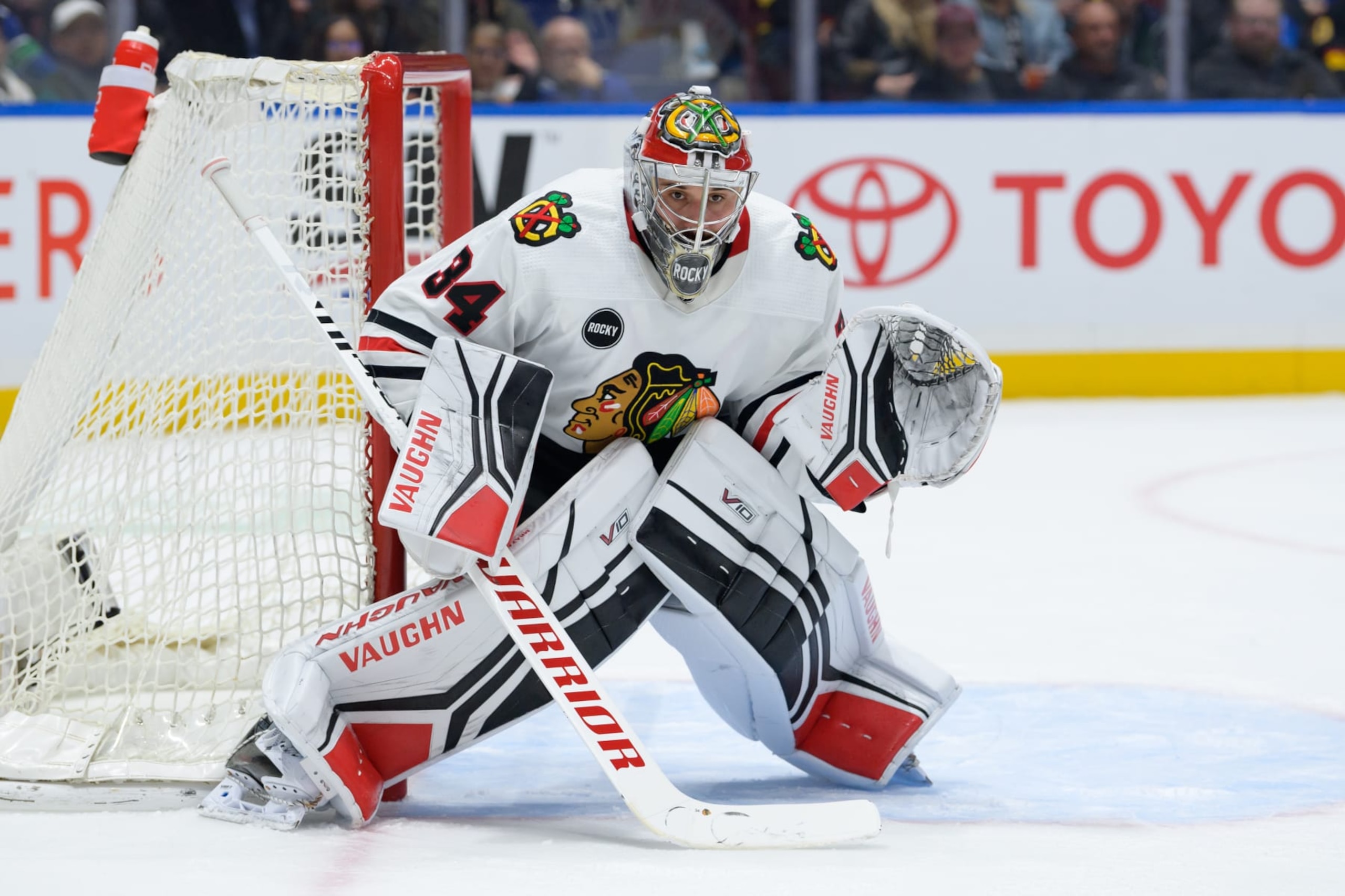 VANCOUVER, CANADA - JANUARY 22: Petr Mrazek #34 of the Chicago Blackhawks tends the net during the third period of the NHL game against the Vancouver Canucks at Rogers Arena on January 22, 2024 in Vancouver, British Columbia, Canada. (Photo by Derek Cain/Getty Images)