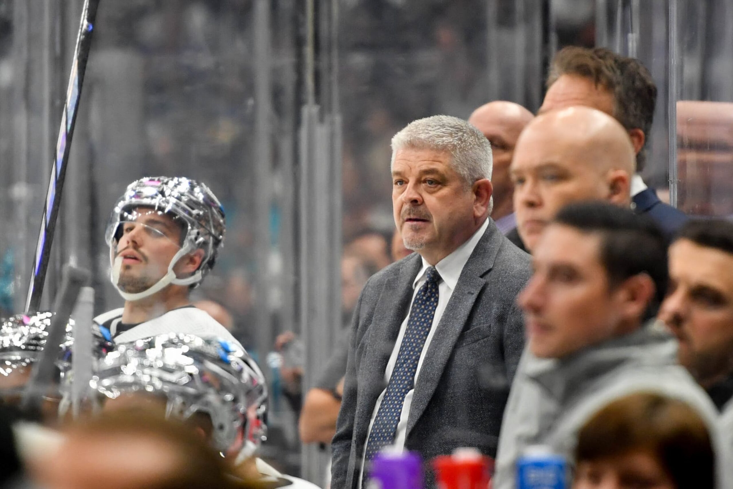 LOS ANGELES, CA - JANUARY 22: Los Angeles Kings Head Coach Todd McLellan looks on from the bench during the second period against the San Jose Sharks at Crypto.com Arena on January 22, 2024 in Los Angeles, California. (Photo by Juan Ocampo/NHLI via Getty Images)