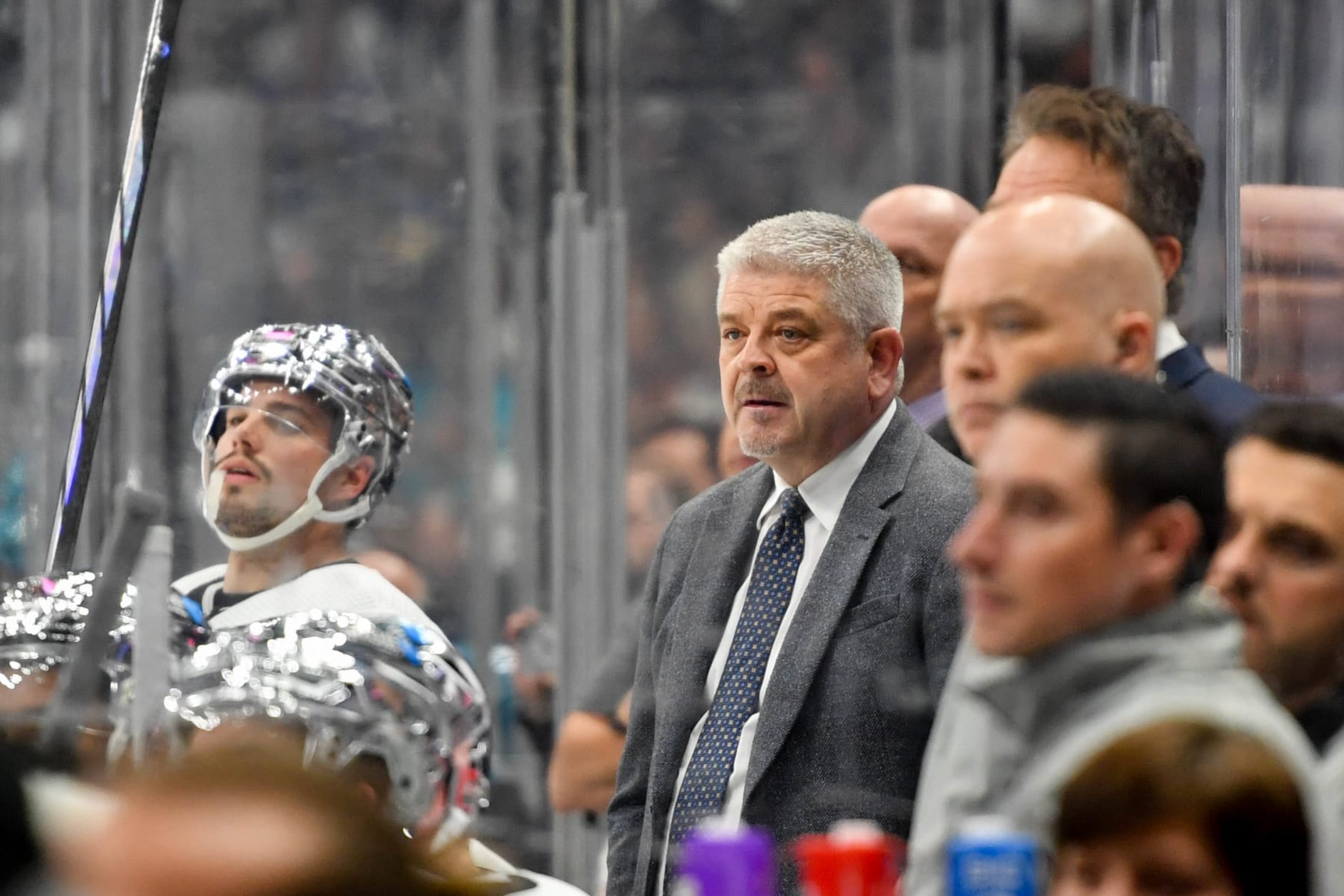 LOS ANGELES, CA - JANUARY 22: Los Angeles Kings Head Coach Todd McLellan looks on from the bench during the second period against the San Jose Sharks at Crypto.com Arena on January 22, 2024 in Los Angeles, California. (Photo by Juan Ocampo/NHLI via Getty Images)
