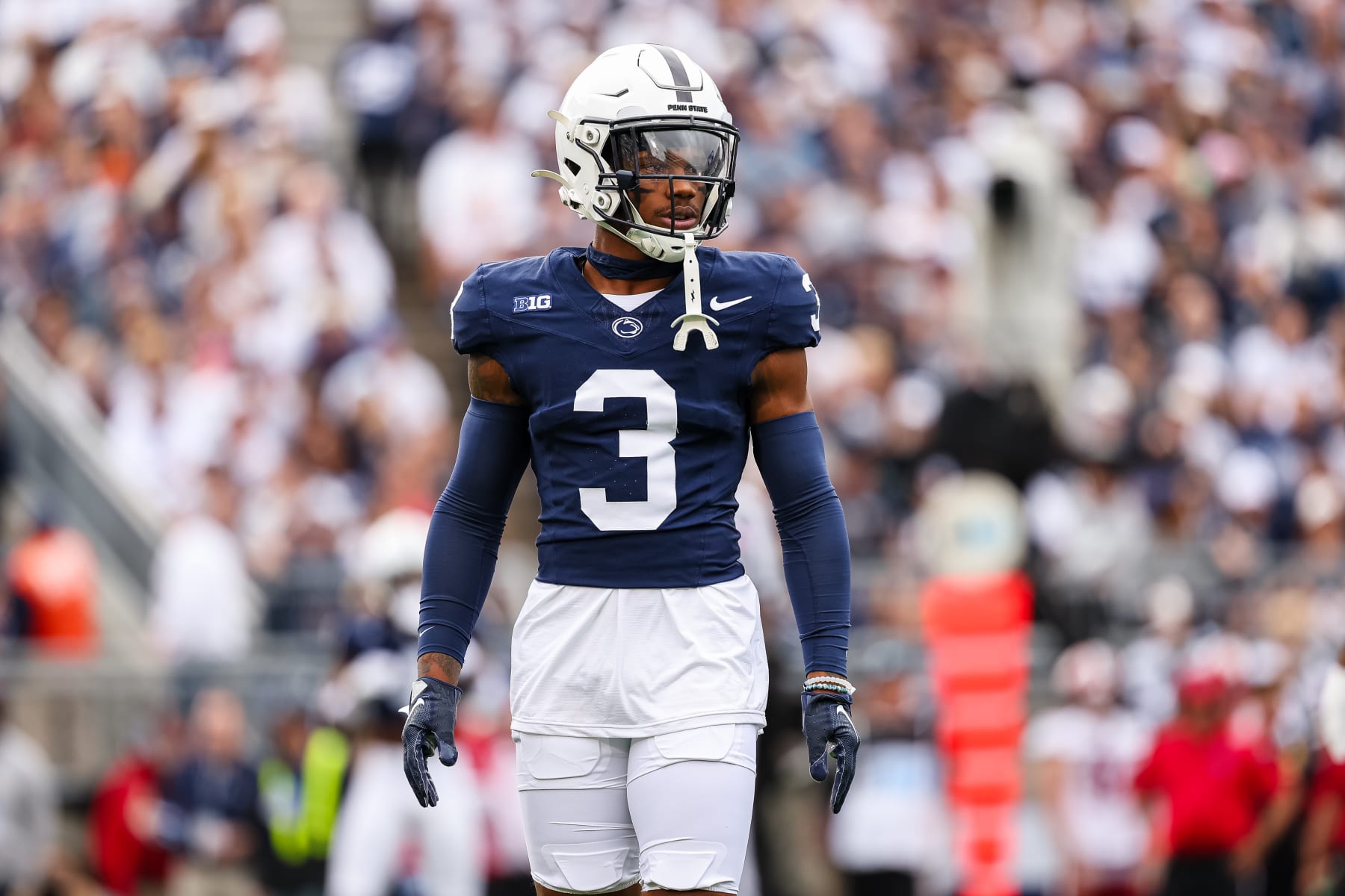 STATE COLLEGE, PA - OCTOBER 28: Johnny Dixon #3 of the Penn State Nittany Lions looks on during the first half against the Indiana Hoosiers at Beaver Stadium on October 28, 2023 in State College, Pennsylvania. (Photo by Scott Taetsch/Getty Images)