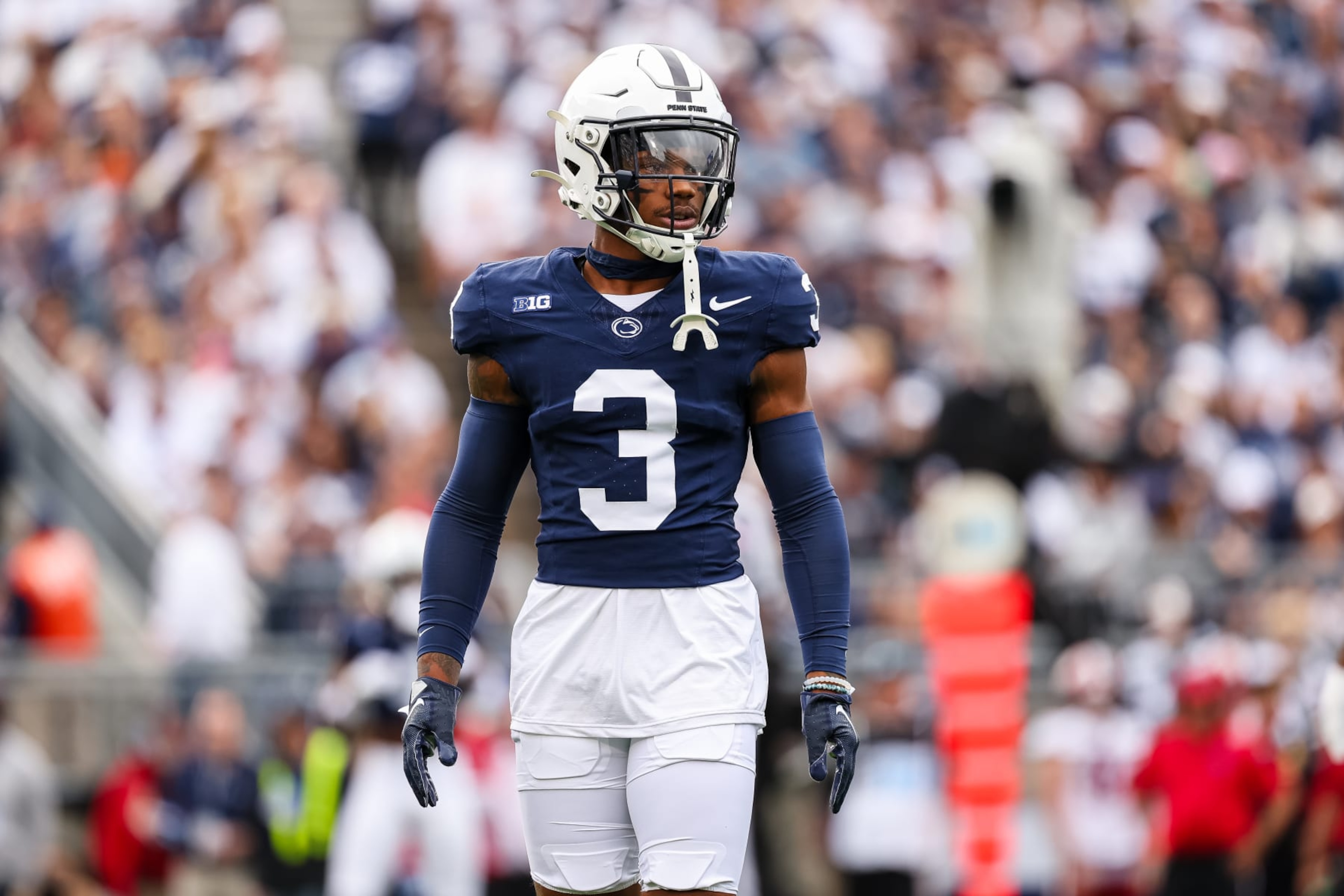 STATE COLLEGE, PA - OCTOBER 28: Johnny Dixon #3 of the Penn State Nittany Lions looks on during the first half against the Indiana Hoosiers at Beaver Stadium on October 28, 2023 in State College, Pennsylvania. (Photo by Scott Taetsch/Getty Images) STATE COLLEGE, PA - OCTOBER 28: Johnny Dixon #3 of the Penn State Nittany Lions looks on during the first half against the Indiana Hoosiers at Beaver Stadium on October 28, 2023 in State College, Pennsylvania. (Photo by Scott Taetsch/Getty Images)