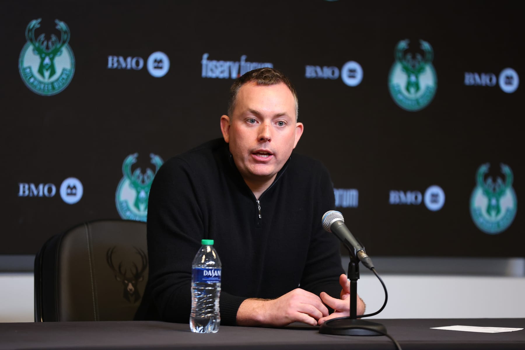 MILWAUKEE, WISCONSIN - JANUARY 24: General manager Jon Horst of the Milwaukee Bucks speaks to the media about the dismissal of head coach Adrian Griffin prior to a game between the Milwaukee Bucks and the Cleveland Cavaliers at Fiserv Forum on January 24, 2024 in Milwaukee, Wisconsin. NOTE TO USER: User expressly acknowledges and agrees that, by downloading and or using this photograph, User is consenting to the terms and conditions of the Getty Images License Agreement. (Photo by Stacy Revere/Getty Images)