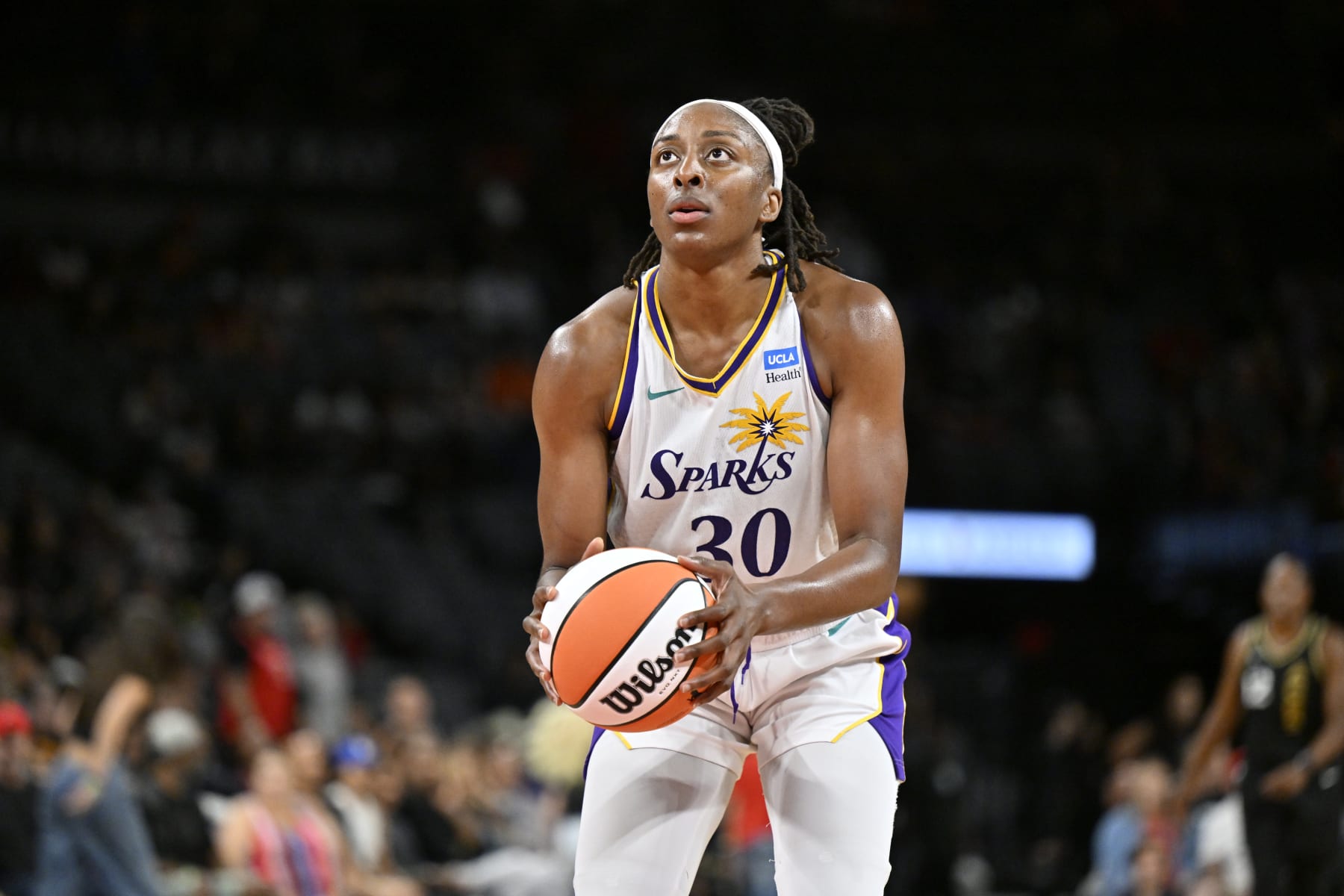 LAS VEGAS, NV - AUGUST 19: Nneka Ogwumike #30 of the Los Angeles Sparks shoots a free throw during the game against the Las Vegas Aces on August 19, 2023 at Michelob ULTRA Arena in Las Vegas, Nevada. NOTE TO USER: User expressly acknowledges and agrees that, by downloading and or using this photograph, User is consenting to the terms and conditions of the Getty Images License Agreement. Mandatory Copyright Notice: Copyright 2023 NBAE (Photo by David Becker/NBAE via Getty Images)