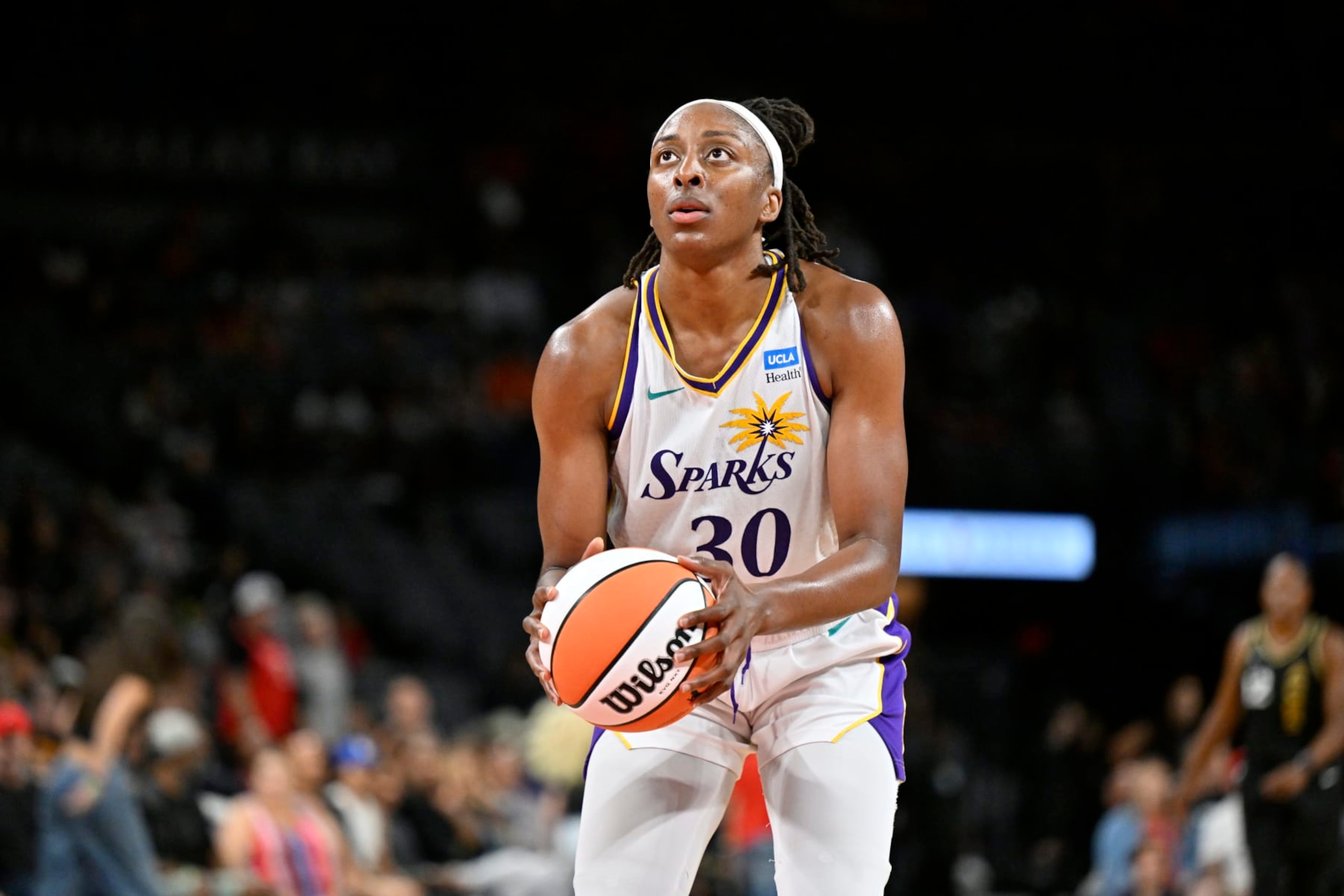 LAS VEGAS, NV - AUGUST 19: Nneka Ogwumike #30 of the Los Angeles Sparks shoots a free throw during the game against the Las Vegas Aces on August 19, 2023 at Michelob ULTRA Arena in Las Vegas, Nevada. NOTE TO USER: User expressly acknowledges and agrees that, by downloading and or using this photograph, User is consenting to the terms and conditions of the Getty Images License Agreement. Mandatory Copyright Notice: Copyright 2023 NBAE (Photo by David Becker/NBAE via Getty Images)