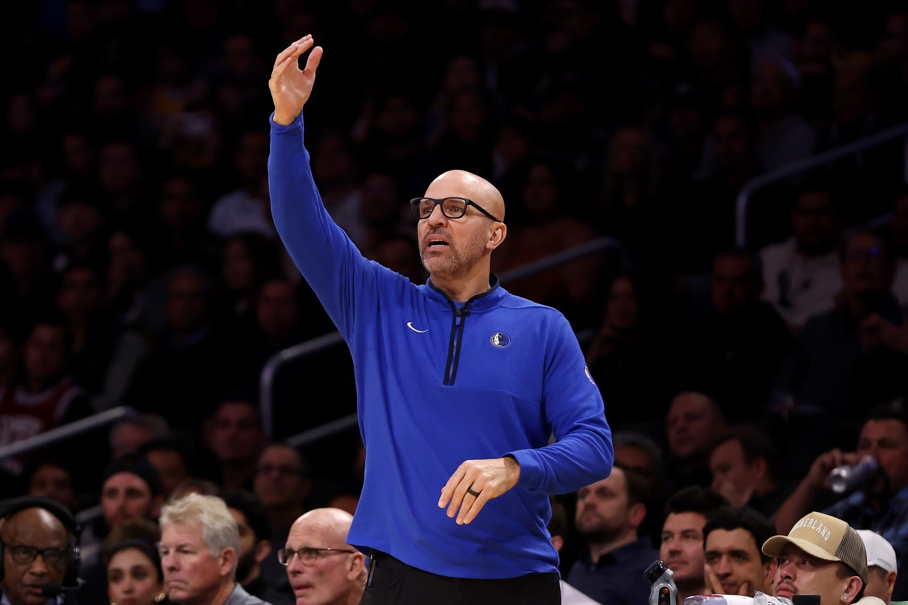 LOS ANGELES, CALIFORNIA - JANUARY 17: Head coach Jason Kidd of the Dallas Mavericks calls out a play during the first quarter against the Los Angeles Lakers at Crypto.com Arena on January 17, 2024 in Los Angeles, California. NOTE TO USER: User expressly acknowledges and agrees that, by downloading and or using this photograph, User is consenting to the terms and conditions of the Getty Images License Agreement. (Photo by Katelyn Mulcahy/Getty Images)
