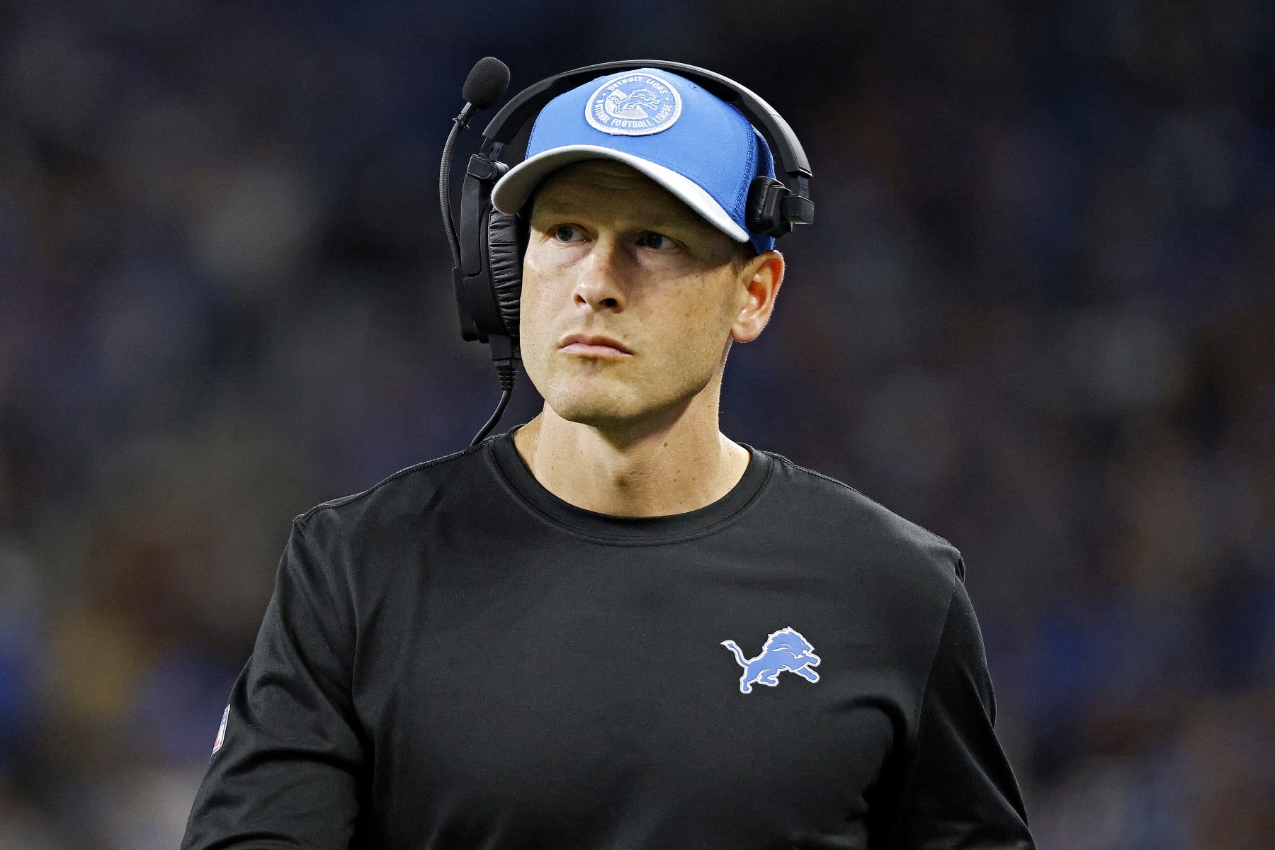 DETROIT, MICHIGAN - SEPTEMBER 24: Ben Johnson offensive coordinator with the Detroit Lions looks on during a game against the Atlanta Falcons at Ford Field on September 24, 2023 in Detroit, Michigan. (Photo by Mike Mulholland/Getty Images)