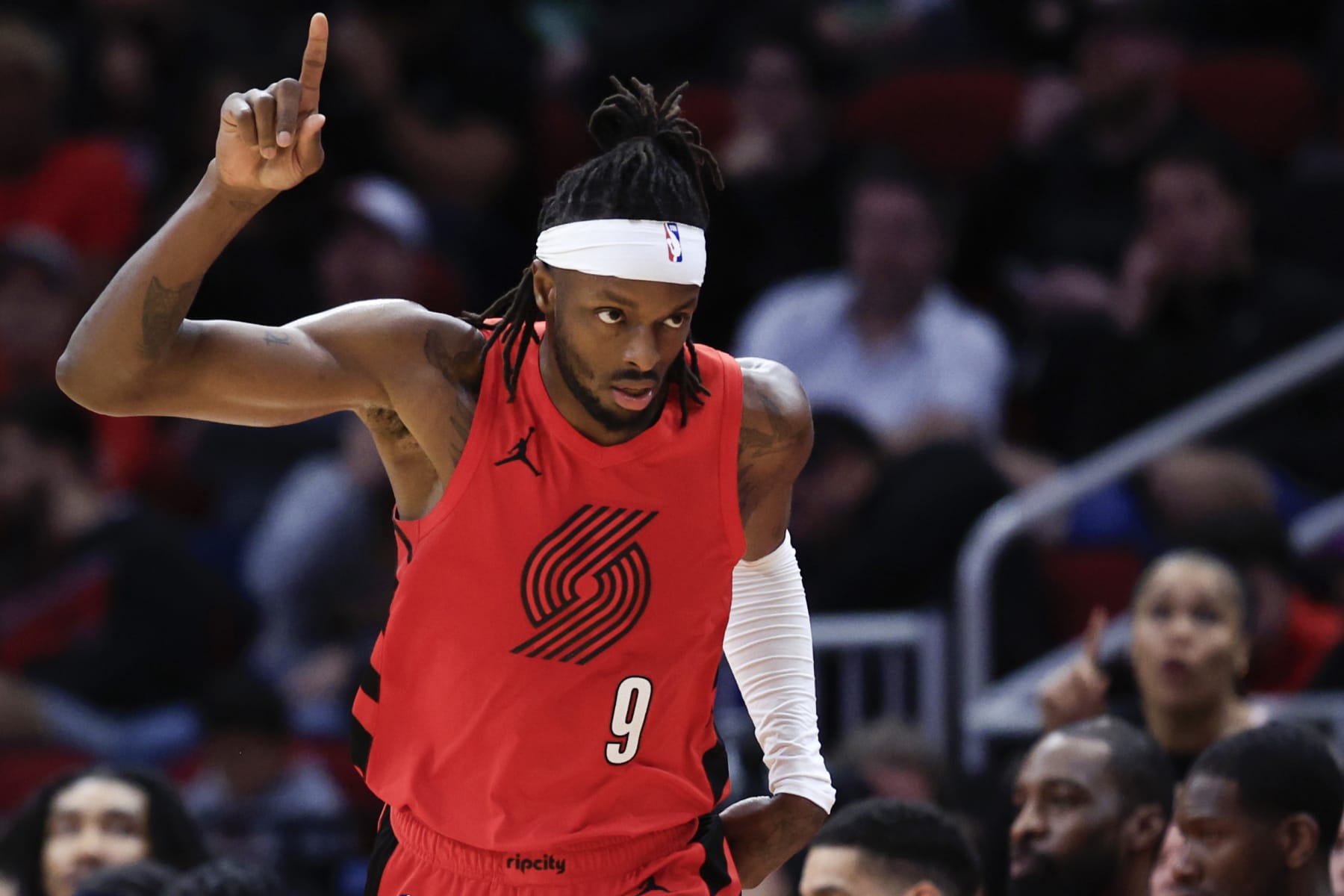 HOUSTON, TEXAS - JANUARY 24: Jerami Grant #9 of the Portland Trail Blazers reacts to a three point basket against the Houston Rockets during the second half at Toyota Center on January 24, 2024 in Houston, Texas. (Photo by Carmen Mandato/Getty Images)