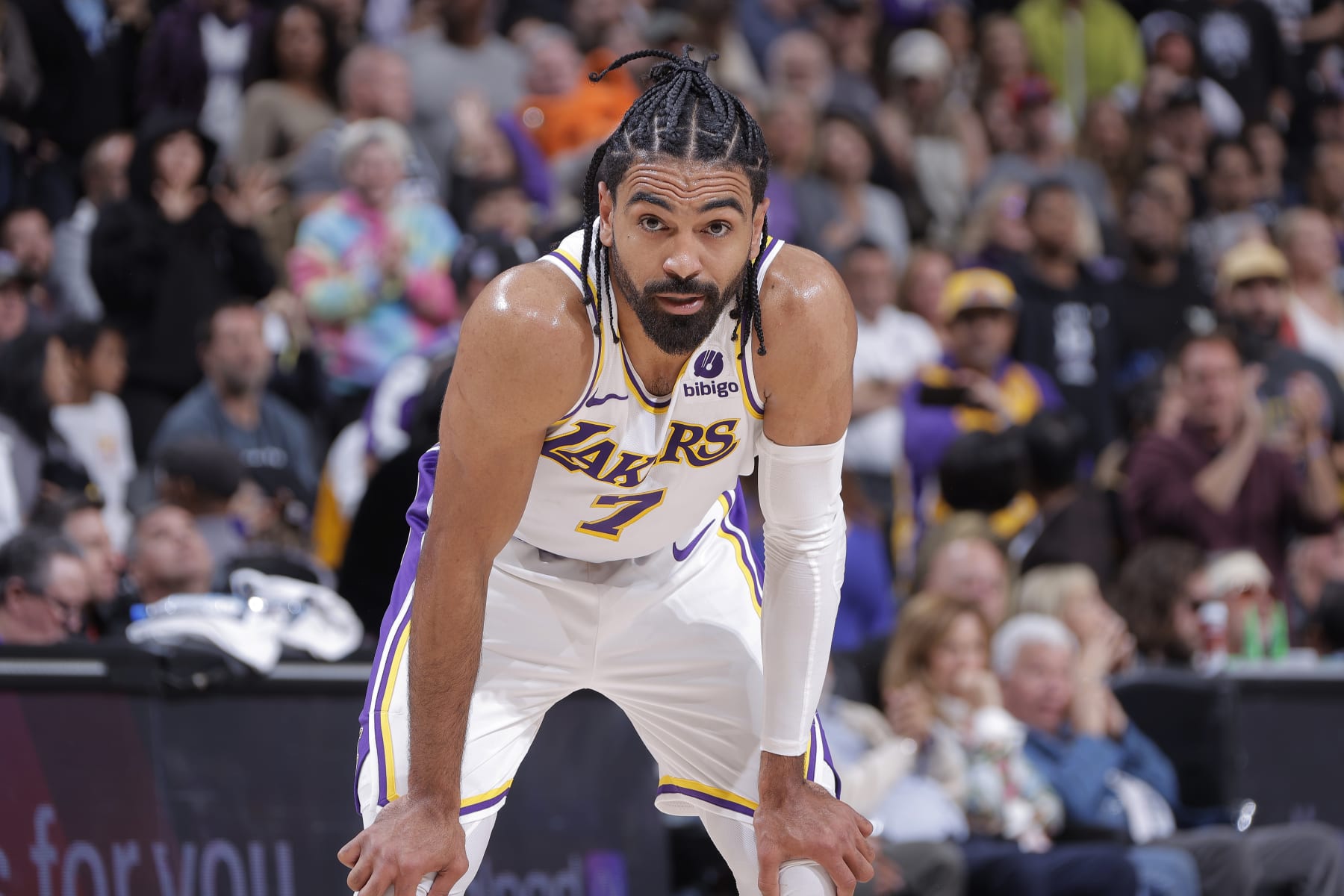 SACRAMENTO, CA - OCTOBER 29: Gabe Vincent #7 of the Los Angeles Lakers looks on during the game against the Sacramento Kings on October 29, 2023 at Golden 1 Center in Sacramento, California. NOTE TO USER: User expressly acknowledges and agrees that, by downloading and or using this photograph, User is consenting to the terms and conditions of the Getty Images Agreement. Mandatory Copyright Notice: Copyright 2023 NBAE (Photo by Rocky Widner/NBAE via Getty Images)