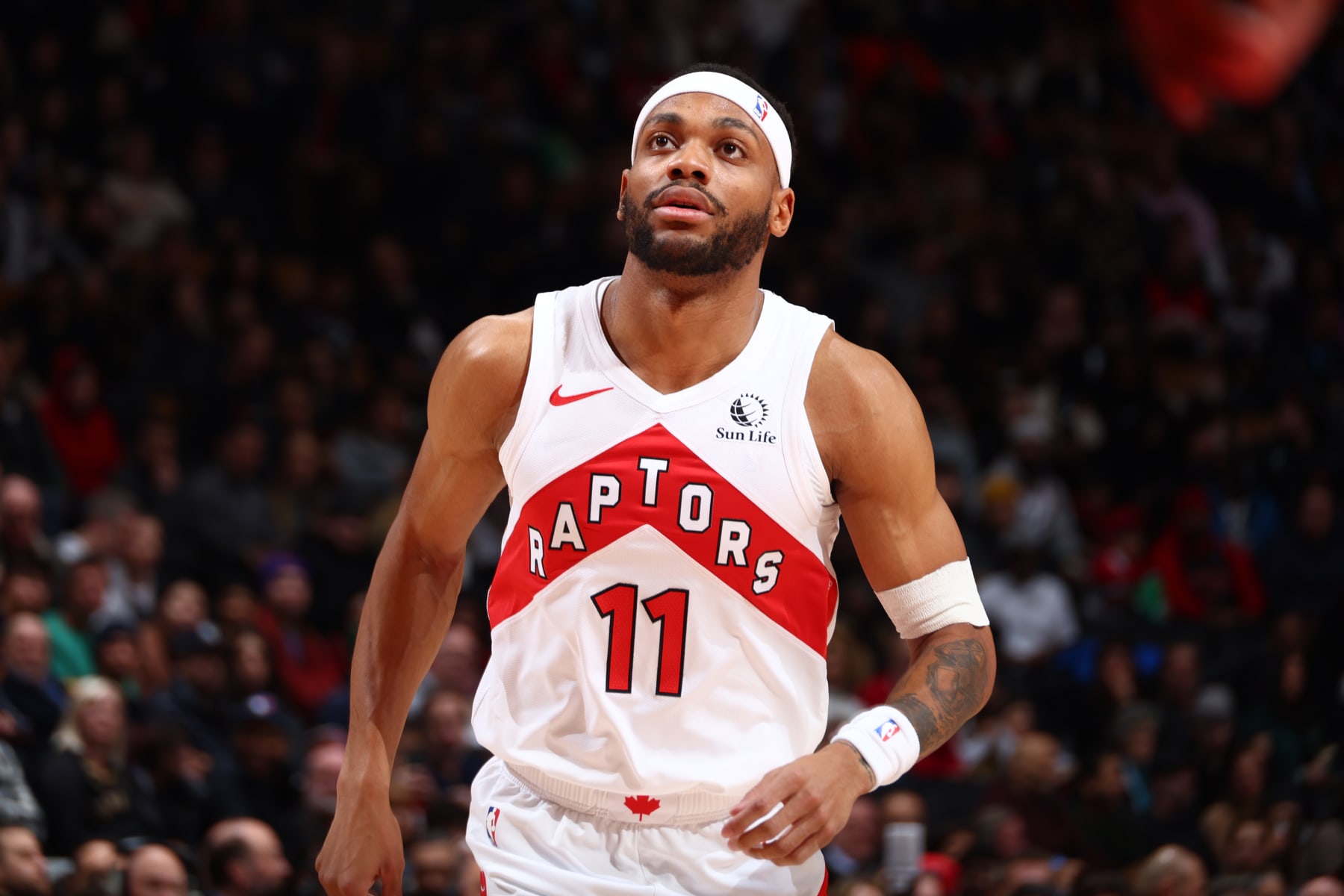 TORONTO, CANADA - JANUARY 22: Bruce Brown #11 of the Toronto Raptors looks on during the game against the Memphis Grizzlies on January 22, 2024 at the Scotiabank Arena in Toronto, Ontario, Canada.  NOTE TO USER: User expressly acknowledges and agrees that, by downloading and or using this Photograph, user is consenting to the terms and conditions of the Getty Images License Agreement.  Mandatory Copyright Notice: Copyright 2024 NBAE (Photo by Vaughn Ridley/NBAE via Getty Images)