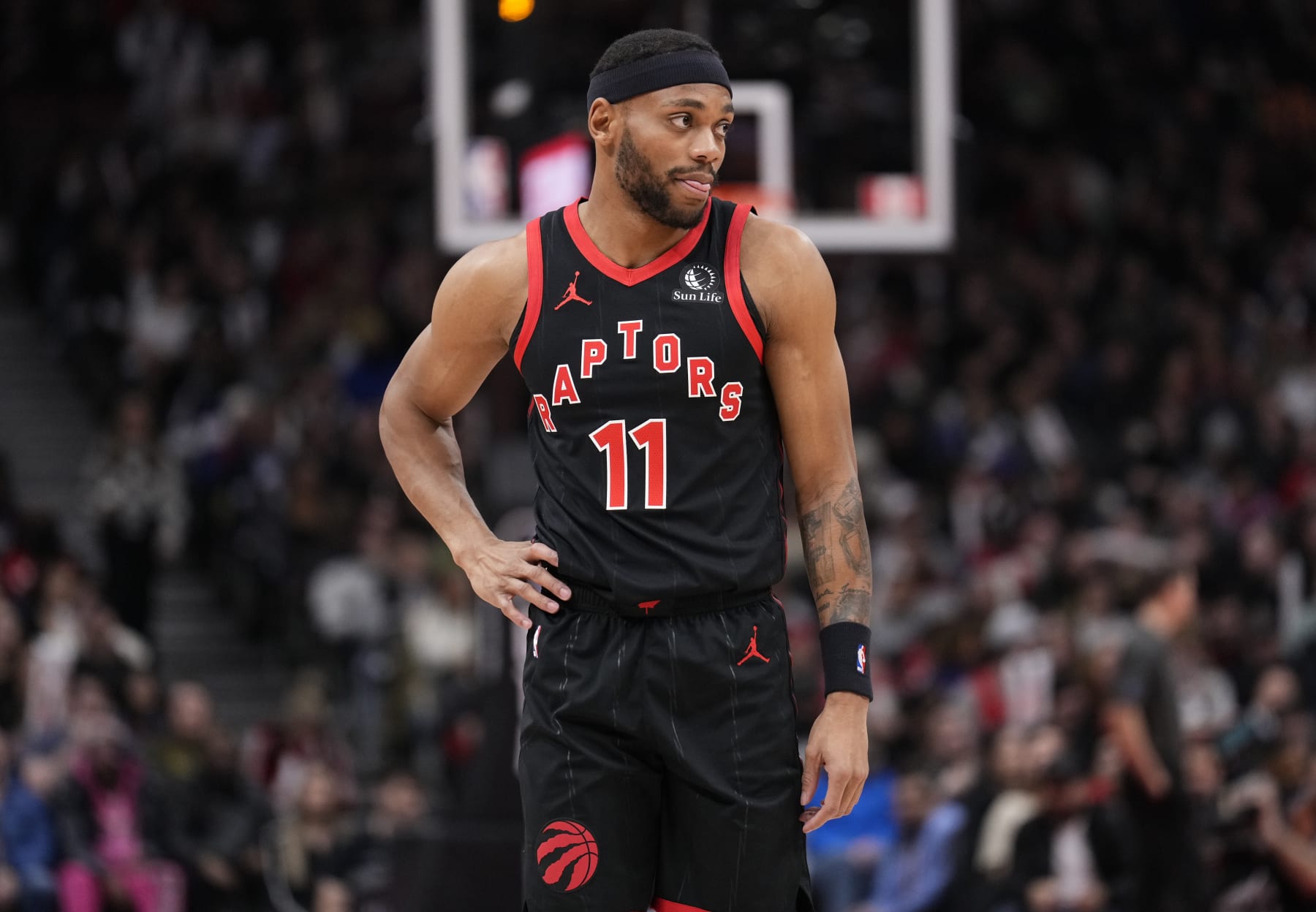 TORONTO, ON - JANUARY 18: Bruce Brown #11 of the Toronto Raptors runs looks on against the Chicago Bulls during the first half of their basketball game at the Scotiabank Arena on January 18, 2024 in Toronto, Ontario, Canada. NOTE TO USER: User expressly acknowledges and agrees that, by downloading and/or using this Photograph, user is consenting to the terms and conditions of the Getty Images License Agreement. (Photo by Mark Blinch/Getty Images)