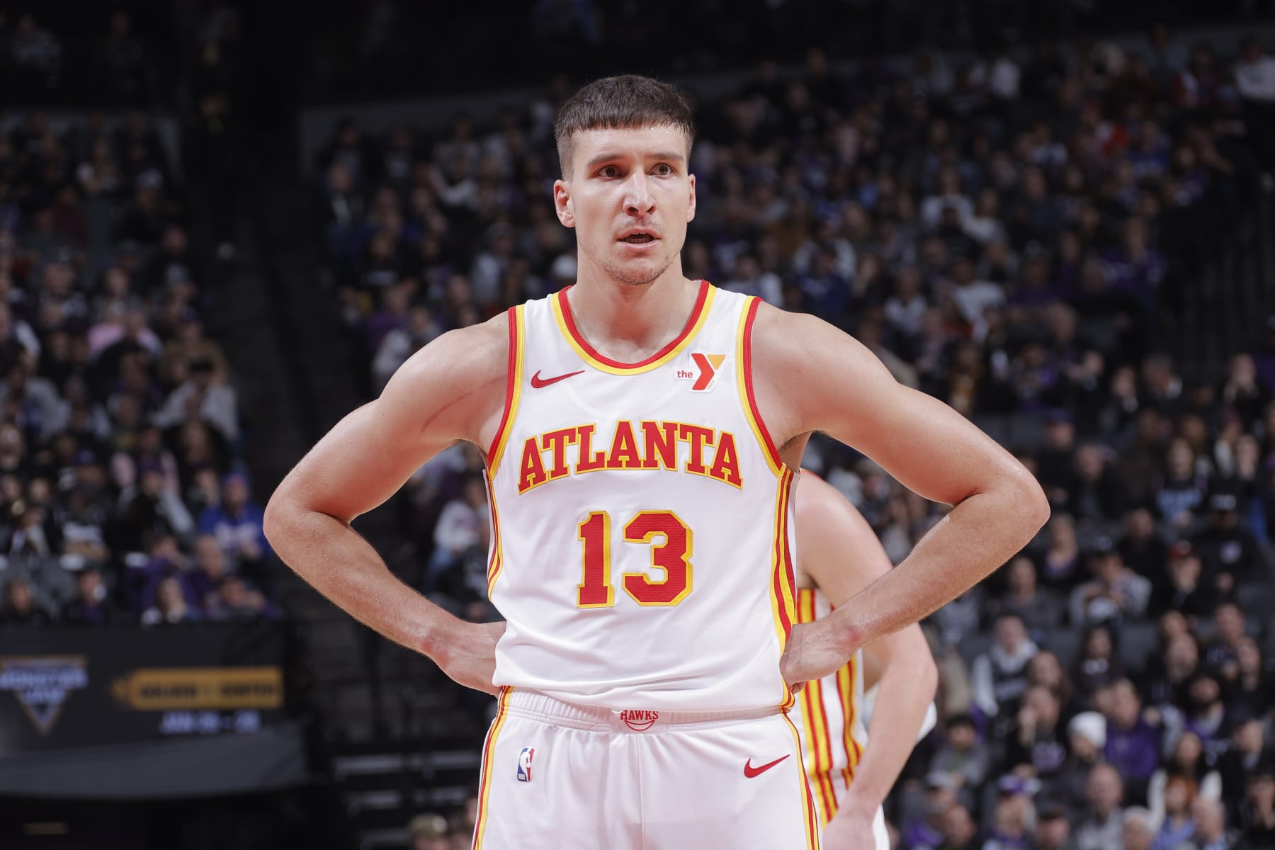 SACRAMENTO, CA - JANUARY 22: Bogdan Bogdanovic #13 of the Atlanta Hawks looks on during the game against the Sacramento Kings on January 22, 2024 at Golden 1 Center in Sacramento, California. NOTE TO USER: User expressly acknowledges and agrees that, by downloading and or using this Photograph, user is consenting to the terms and conditions of the Getty Images License Agreement. Mandatory Copyright Notice: Copyright 2024 NBAE (Photo by Rocky Widner/NBAE via Getty Images)