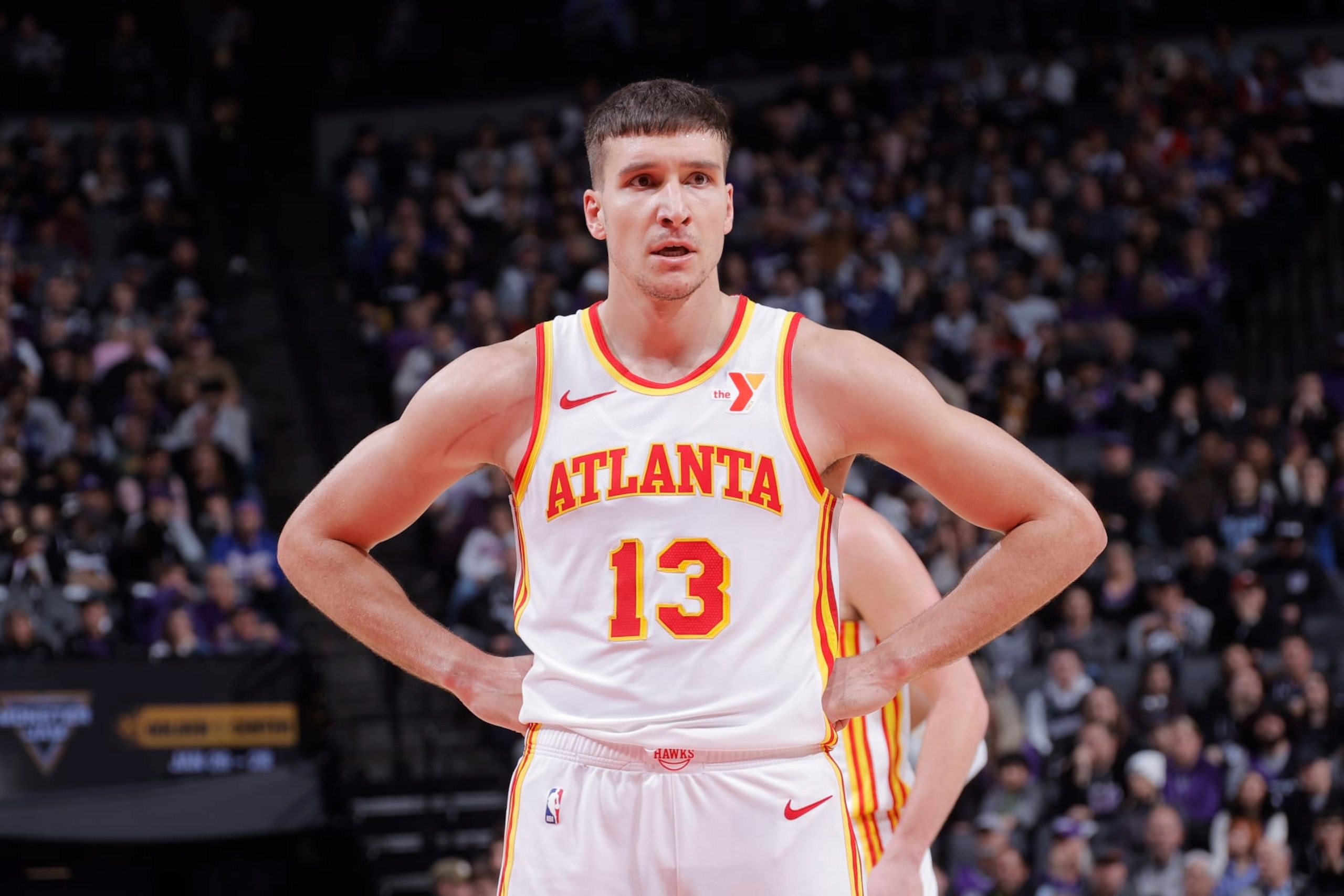 SACRAMENTO, CA - JANUARY 22: Bogdan Bogdanovic #13 of the Atlanta Hawks looks on during the game against the Sacramento Kings on January 22, 2024 at Golden 1 Center in Sacramento, California. NOTE TO USER: User expressly acknowledges and agrees that, by downloading and or using this Photograph, user is consenting to the terms and conditions of the Getty Images License Agreement. Mandatory Copyright Notice: Copyright 2024 NBAE (Photo by Rocky Widner/NBAE via Getty Images)