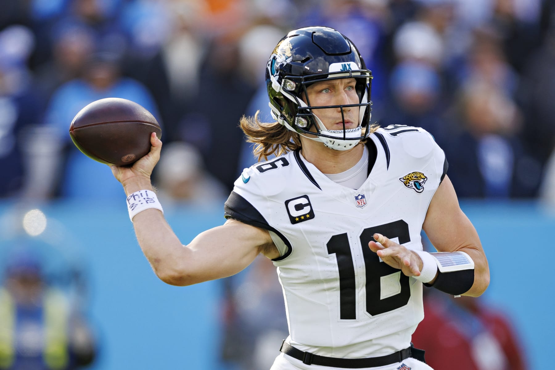 NASHVILLE TENNESSEE - JANUARY 07: Trevor Lawrence #16 of the Jacksonville Jaguars throws a pass during the game against the Tennessee Titans in Nashville, Tennessee at Nissan Stadium on January 7, 2024 in Houston, Texas. The Titans defeated the Jaguars 28-20.  (Photo by Wesley Hitt/Getty Images)
