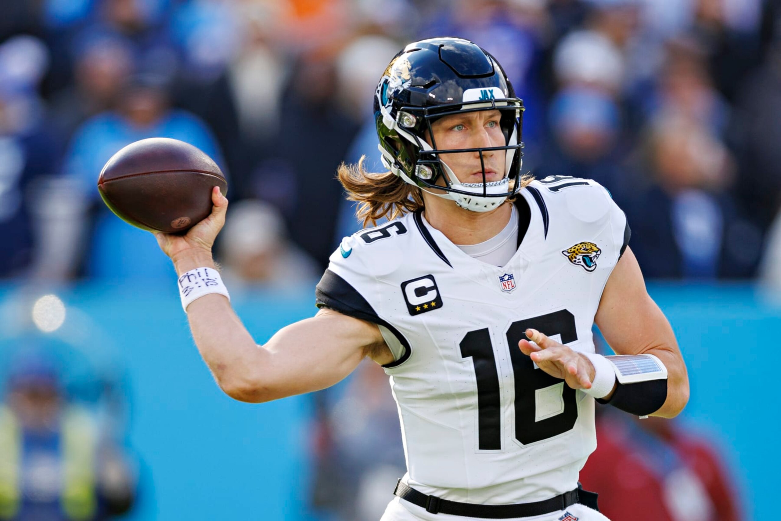 NASHVILLE TENNESSEE - JANUARY 07: Trevor Lawrence #16 of the Jacksonville Jaguars throws a pass during the game against the Tennessee Titans in Nashville, Tennessee at Nissan Stadium on January 7, 2024 in Houston, Texas. The Titans defeated the Jaguars 28-20.  (Photo by Wesley Hitt/Getty Images)