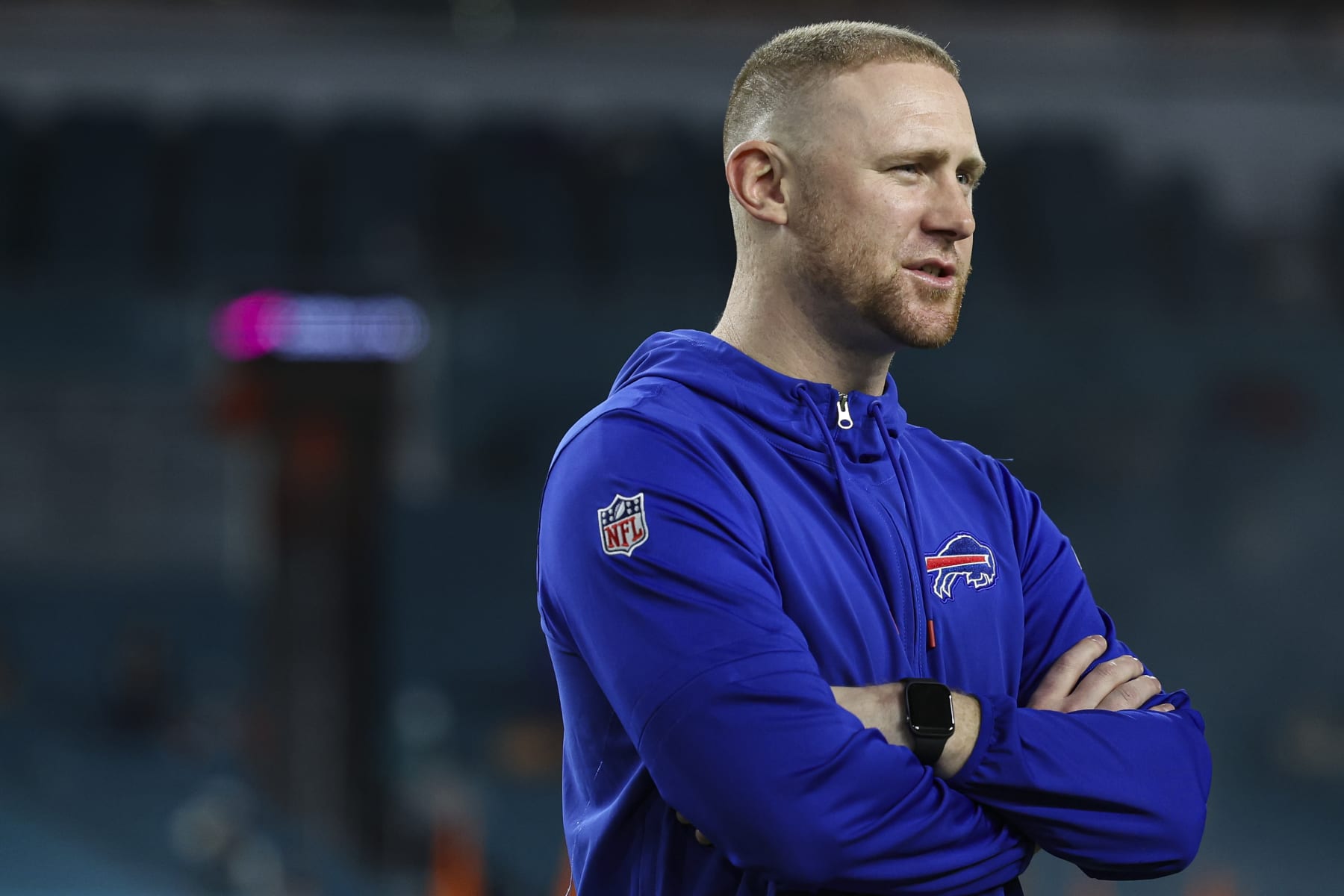 MIAMI GARDENS, FL - JANUARY 07:  Buffalo Bills coach Joe Brady looks on from the field prior to an NFL football game against the Miami Dolphins at Hard Rock Stadium on January 7, 2024 in Miami Gardens, Florida. (Photo by Perry Knotts/Getty Images)