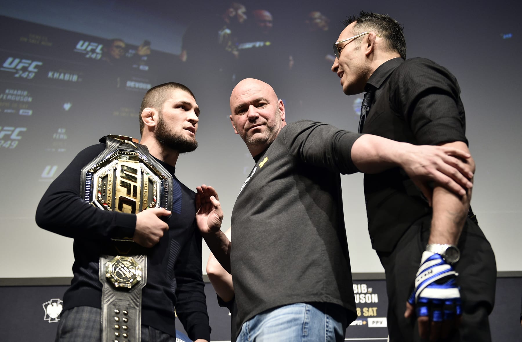 LAS VEGAS, NEVADA - MARCH 06: (L-R) Opponents Khabib Nurmagomedov and Tony Ferguson face off during the UFC 249 press conference at T-Mobile Arena on March 06, 2020 in Las Vegas, Nevada. (Photo by Chris Unger/Zuffa LLC)