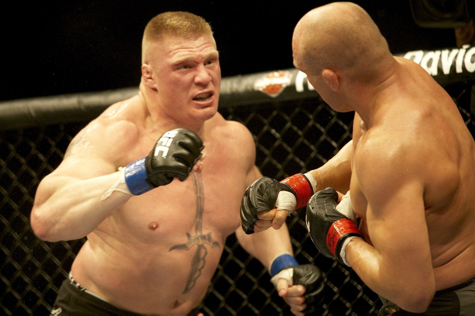 Mixed Martial Arts: UFC 91: Brock Lesnar (L) in action vs Randy Couture.  Las Vegas, NV 11/15/2008 CREDIT: Greg Choat (Photo by Greg Choat /Sports Illustrated via Getty Images) (Set Number: X81461 TK2 R2 F118 )