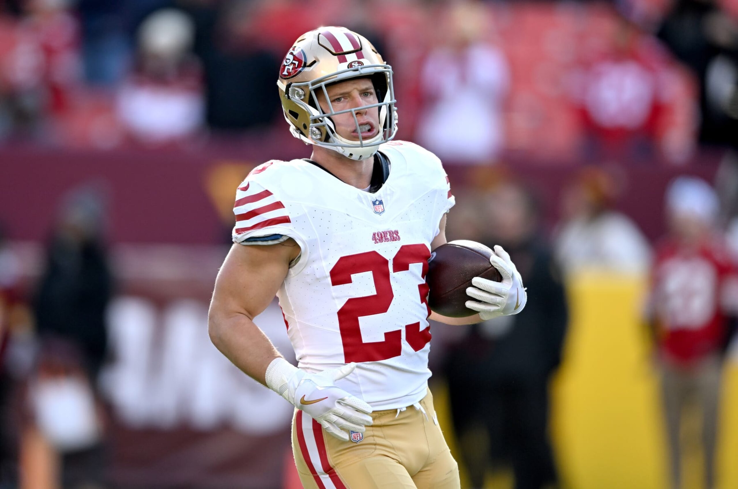 LANDOVER, MARYLAND - DECEMBER 31: Christian McCaffrey #23 of the San Francisco 49ers warms up before the game against the Washington Commanders at FedExField on December 31, 2023 in Landover, Maryland. (Photo by G Fiume/Getty Images)