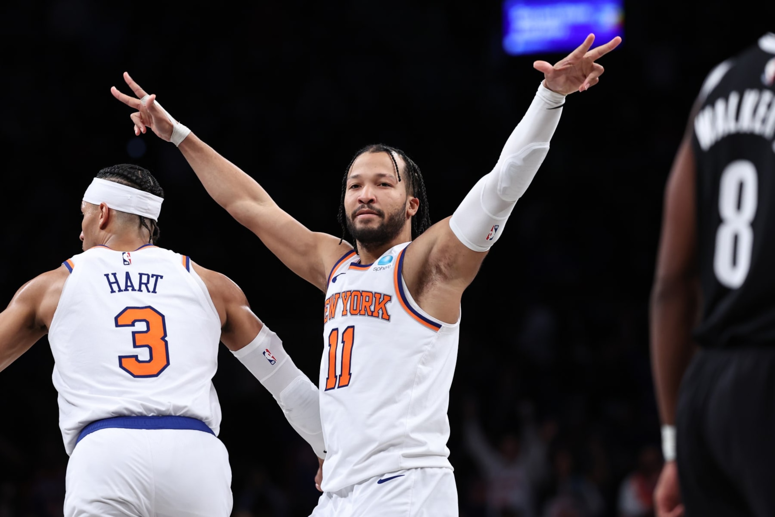 NEW YORK, NEW YORK - JANUARY 23: Jalen Brunson #11 of the New York Knicks reacts after making a three pointer during the fourth quarter of the game against the Brooklyn Nets at Barclays Center on January 23, 2024 in New York City.  NOTE TO USER: User expressly acknowledges and agrees that, by downloading and or using this photograph, User is consenting to the terms and conditions of the Getty Images License Agreement. (Photo by Dustin Satloff/Getty Images)