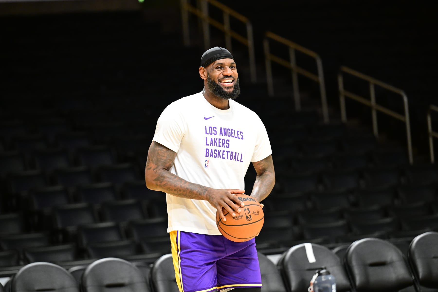 LOS ANGELES, CA - JANUARY 25: LeBron James #23 of the Los Angeles Lakers warms up before the game against the Chicago Bulls on January 25, 2024 at Crypto.Com Arena in Los Angeles, California. NOTE TO USER: User expressly acknowledges and agrees that, by downloading and/or using this Photograph, user is consenting to the terms and conditions of the Getty Images License Agreement. Mandatory Copyright Notice: Copyright 2024 NBAE (Photo by Adam Pantozzi/NBAE via Getty Images) LOS ANGELES, CA - JANUARY 25: LeBron James #23 of the Los Angeles Lakers warms up before the game against the Chicago Bulls on January 25, 2024 at Crypto.Com Arena in Los Angeles, California. NOTE TO USER: User expressly acknowledges and agrees that, by downloading and/or using this Photograph, user is consenting to the terms and conditions of the Getty Images License Agreement. Mandatory Copyright Notice: Copyright 2024 NBAE (Photo by Adam Pantozzi/NBAE via Getty Images)