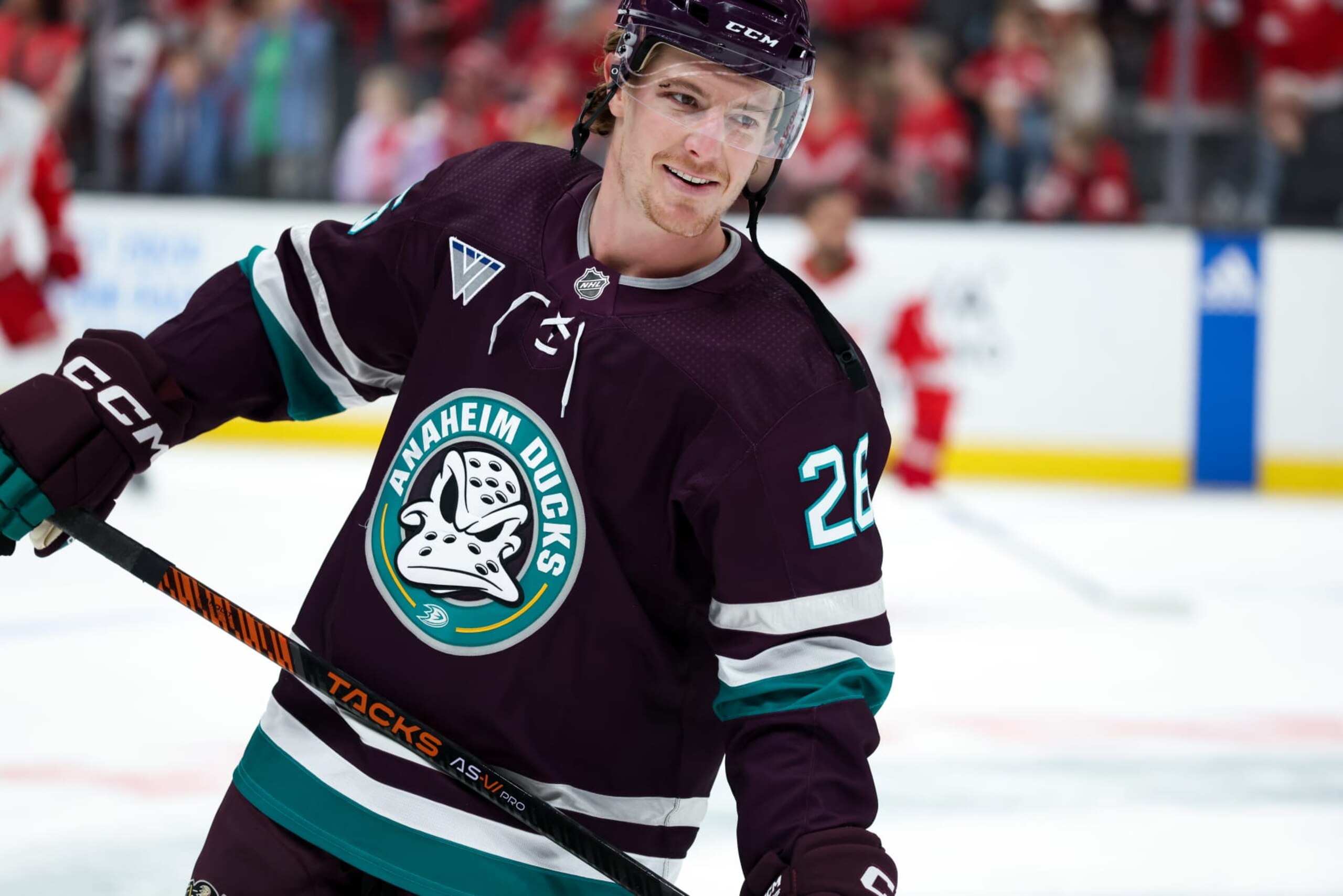 ANAHEIM, CA  JANUARY 7:  Brock McGinn #26 of the Anaheim Ducks skates in warm-ups prior to the start of the game against the Detroit Red Wings on January 7, 2024 at Honda Center in Anaheim, California. (Photo by Debora Robinson/NHLI via Getty Images)