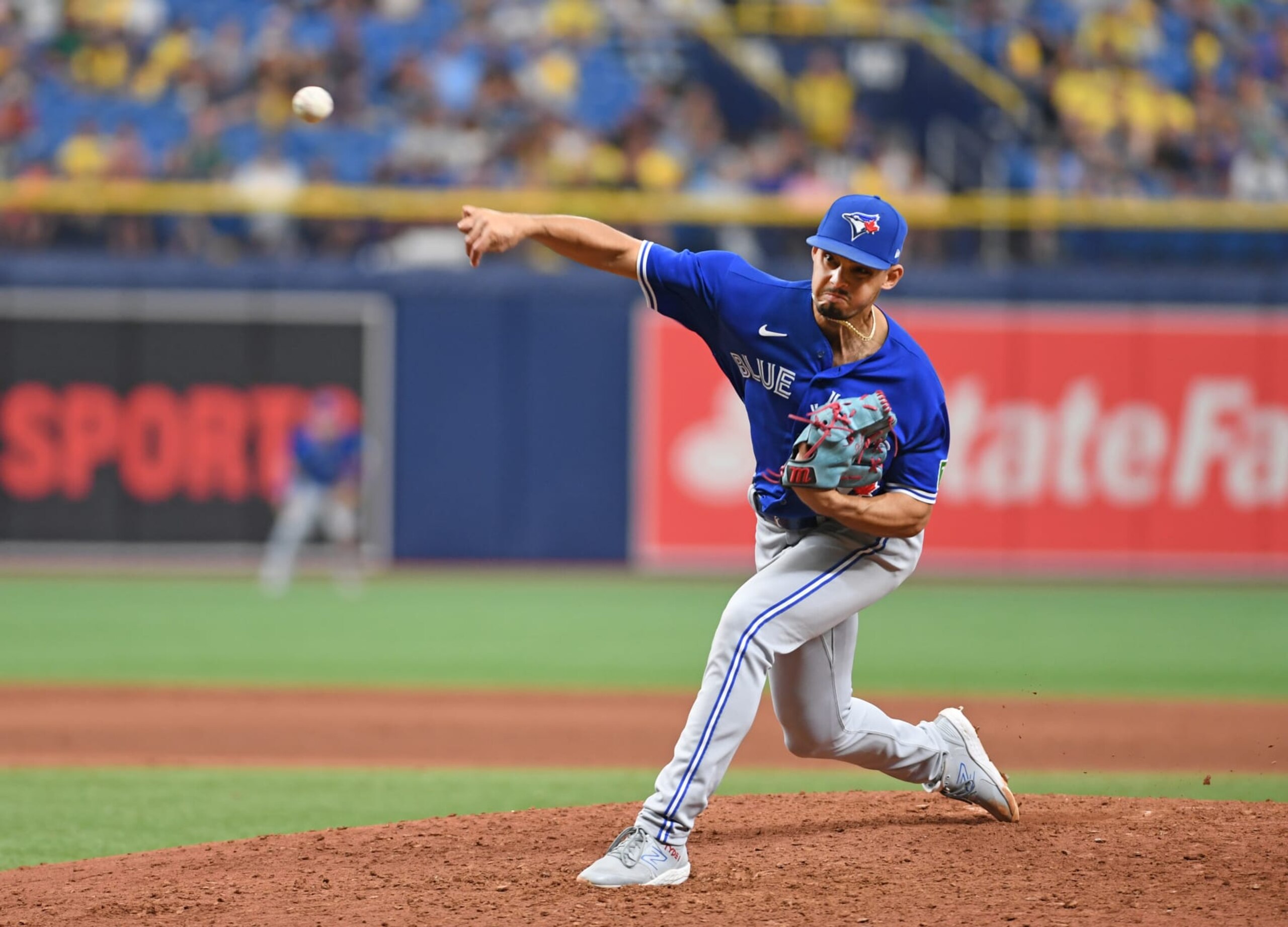 ST PETERSBURG, FLORIDA - SEPTEMBER 24: Jordan Hicks #12 of the Toronto Blue Jays delivers a ninth inning pitch against the Tampa Bay Rays at Tropicana Field on September 24, 2023 in St Petersburg, Florida. (Photo by Mark Taylor/Getty Images) ST PETERSBURG, FLORIDA - SEPTEMBER 24: Jordan Hicks #12 of the Toronto Blue Jays delivers a ninth inning pitch against the Tampa Bay Rays at Tropicana Field on September 24, 2023 in St Petersburg, Florida. (Photo by Mark Taylor/Getty Images)