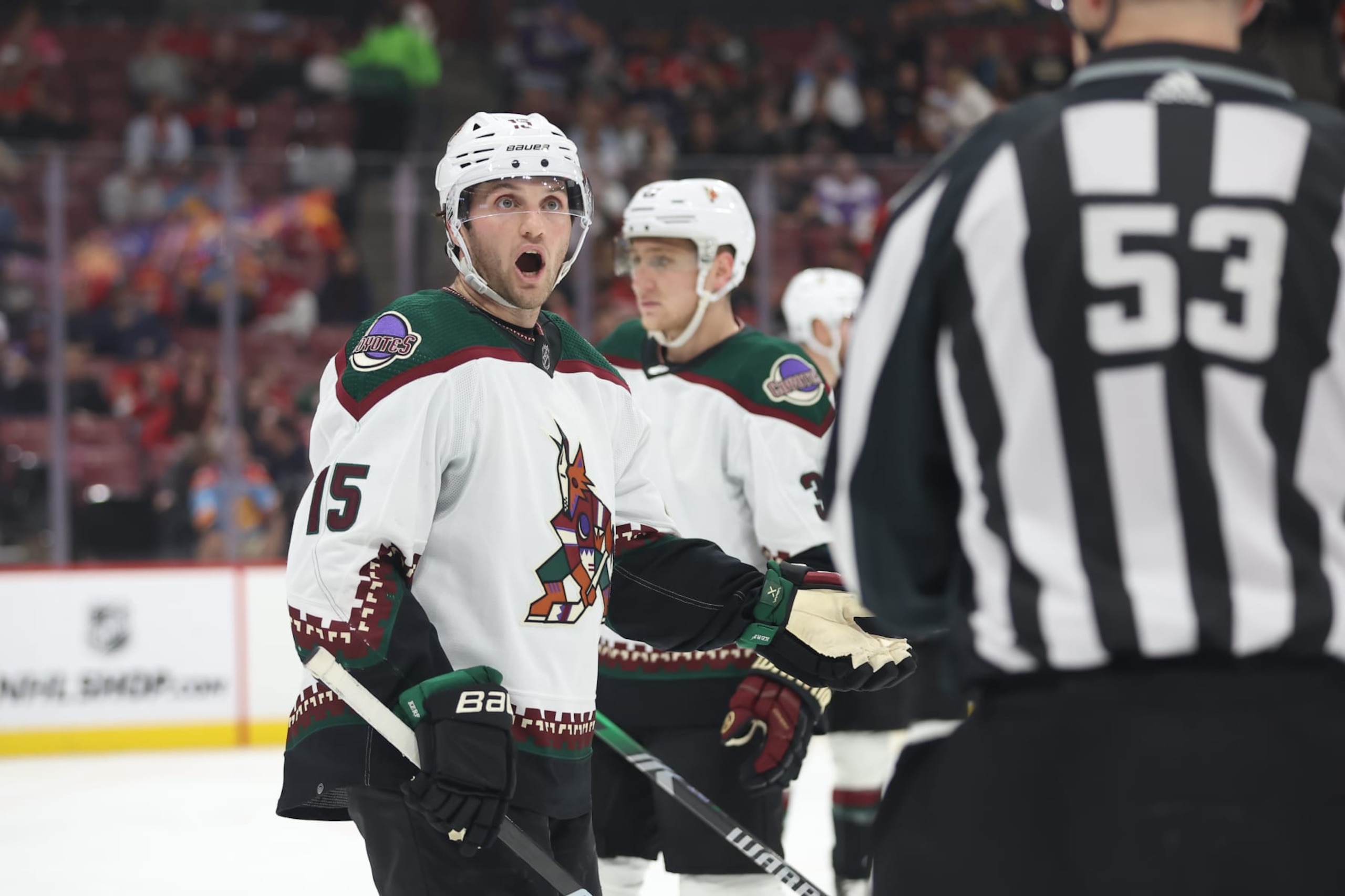 SUNRISE, FL - JANUARY 24: Arizona Coyotes center Alexander Kerfoot (15) argues with a ref during the game between the Arizona Coyotes and the Florida Panthers on Wednesday, January 24, 2024 at Amerant Arena in Sunrise, Fla. (Photo by Peter Joneleit/Icon Sportswire via Getty Images)