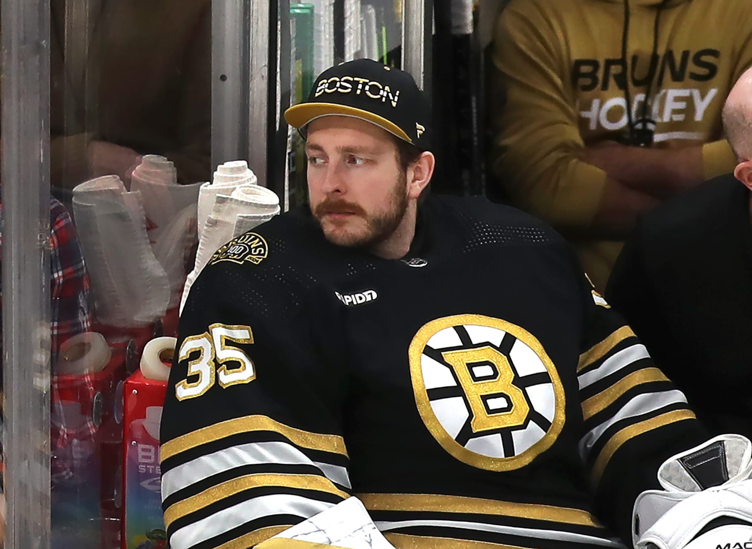 Boston, MA - January 18: Boston Bruins goalie Linus Ullmark watches the game from the bench. The Bruins beat the Colorado Avalanche, 5-2. (Photo by John Tlumacki/The Boston Globe via Getty Images)