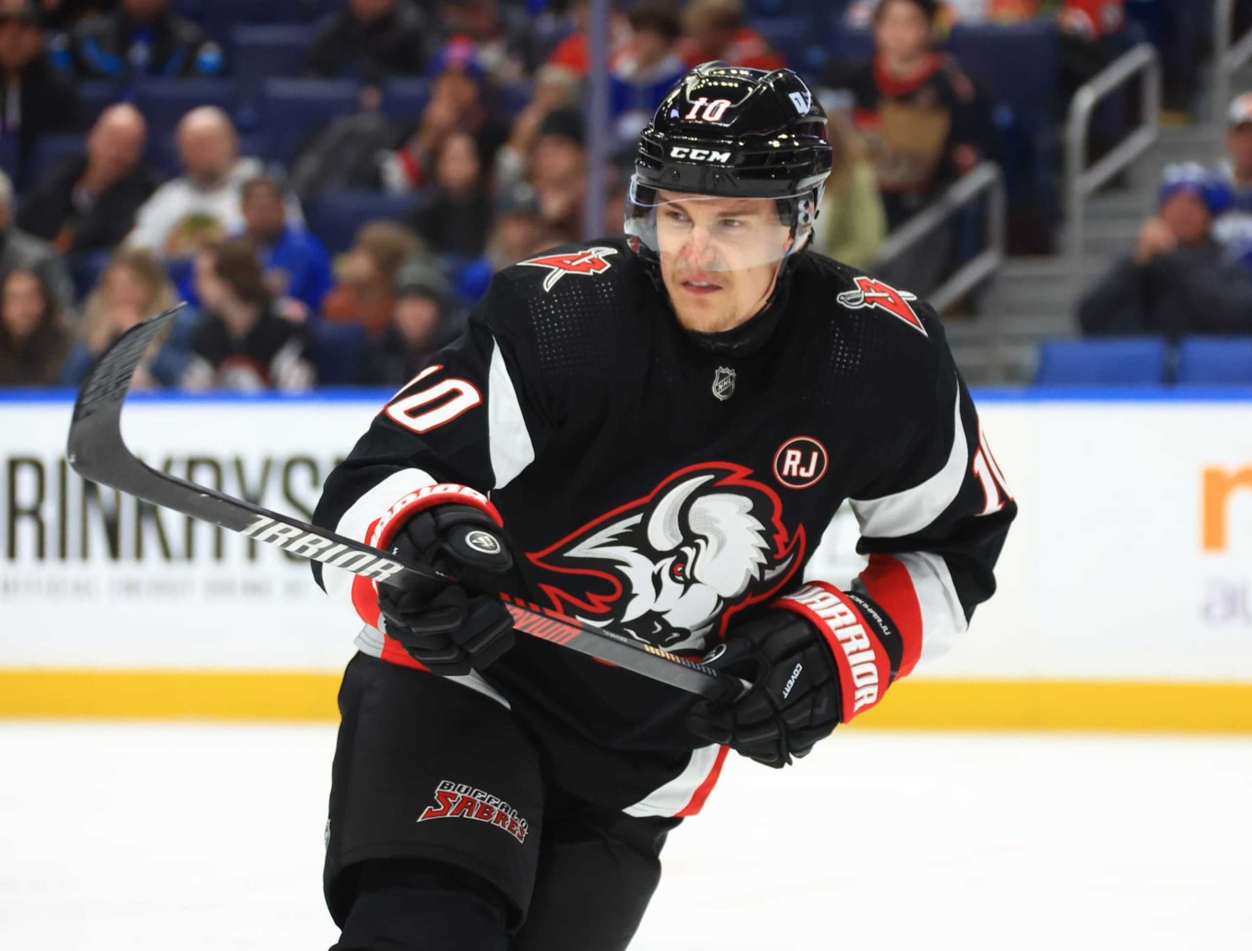 BUFFALO, NEW YORK - JANUARY 18: Henri Jokiharju #10 of the Buffalo Sabres skates during an NHL game against the Chicago Blackhawks on January 18, 2024 at KeyBank Center in Buffalo, New York. (Photo by Bill Wippert/NHLI via Getty Images)