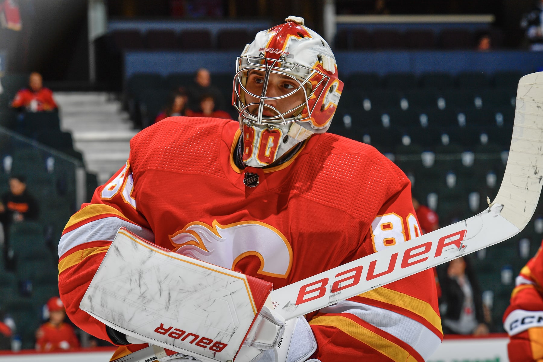 CALGARY, ALBERTA - DECEMBER 31: Dan Vladar #80 of the Calgary Flames skates before the game against the Philadelphia Flyers at the Scotiabank Saddledome on December 31, 2023 in Calgary, Alberta. (Photo by Terence Leung/NHLI via Getty Images)