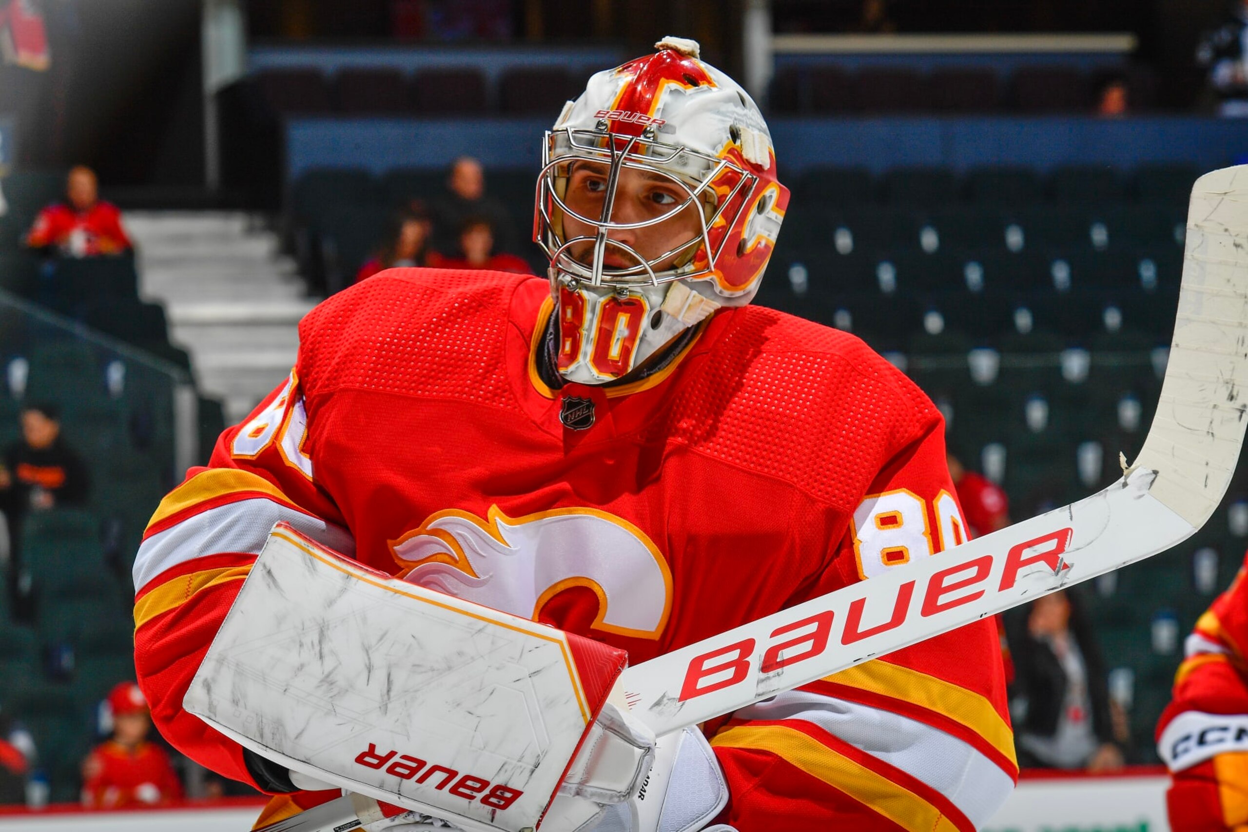 CALGARY, ALBERTA - DECEMBER 31: Dan Vladar #80 of the Calgary Flames skates before the game against the Philadelphia Flyers at the Scotiabank Saddledome on December 31, 2023 in Calgary, Alberta. (Photo by Terence Leung/NHLI via Getty Images)