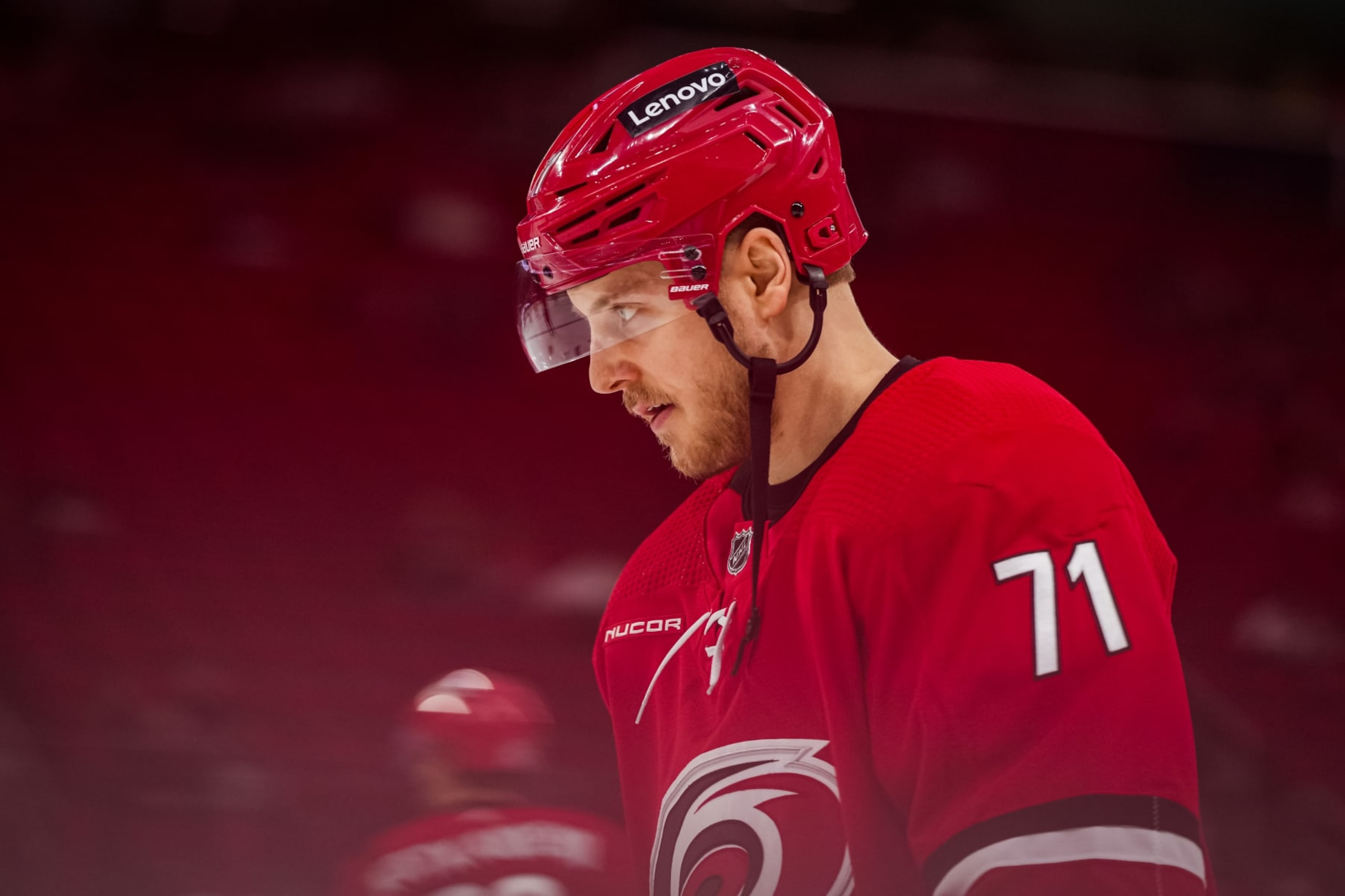 RALEIGH, NORTH CAROLINA - JANUARY 11: Jesper Fast #71 of the Carolina Hurricanes warms up prior to a game against the Anaheim Ducks at PNC Arena on January 11, 2024 in Raleigh, North Carolina. (Photo by Josh Lavallee/NHLI via Getty Images)