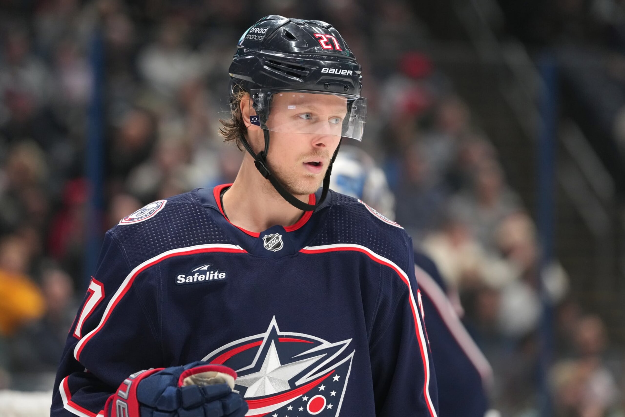 COLUMBUS, OHIO - JANUARY 13: Adam Boqvist #27 of the Columbus Blue Jackets looks on during a stoppage in play against the Seattle Kraken at Nationwide Arena on January 13, 2024 in Columbus, Ohio. (Photo by Jason Mowry/Getty Images)