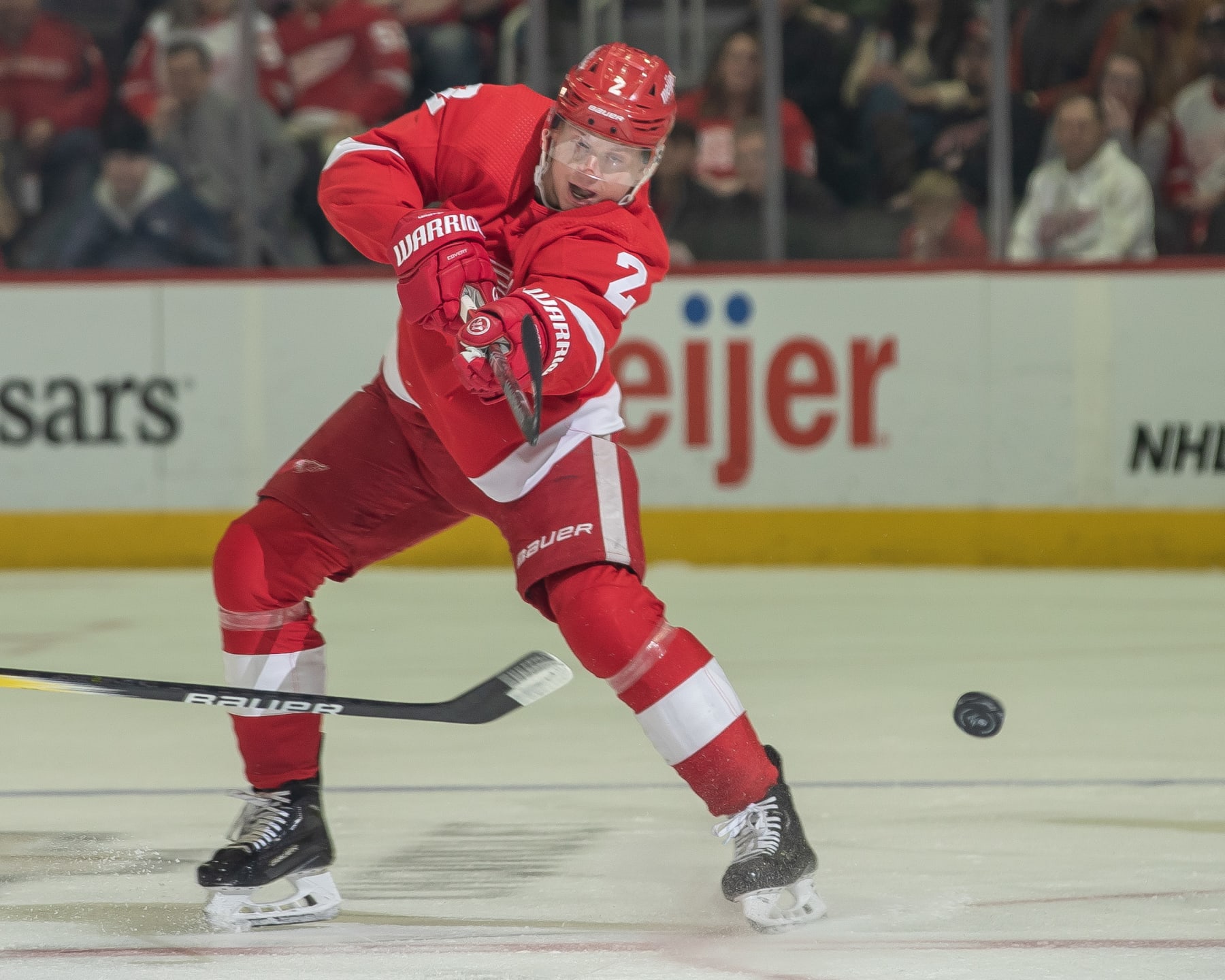 DETROIT, MI - DECEMBER 31: Olli Maatta #2 of the Detroit Red Wings shoots the puck against the Boston Bruins in the first period during the New Years Eve game at Little Caesars Arena on December 31, 2023 in Detroit, Michigan. Boston defeated Detroit 5-3. (Photo by Dave Reginek/NHLI via Getty Images)