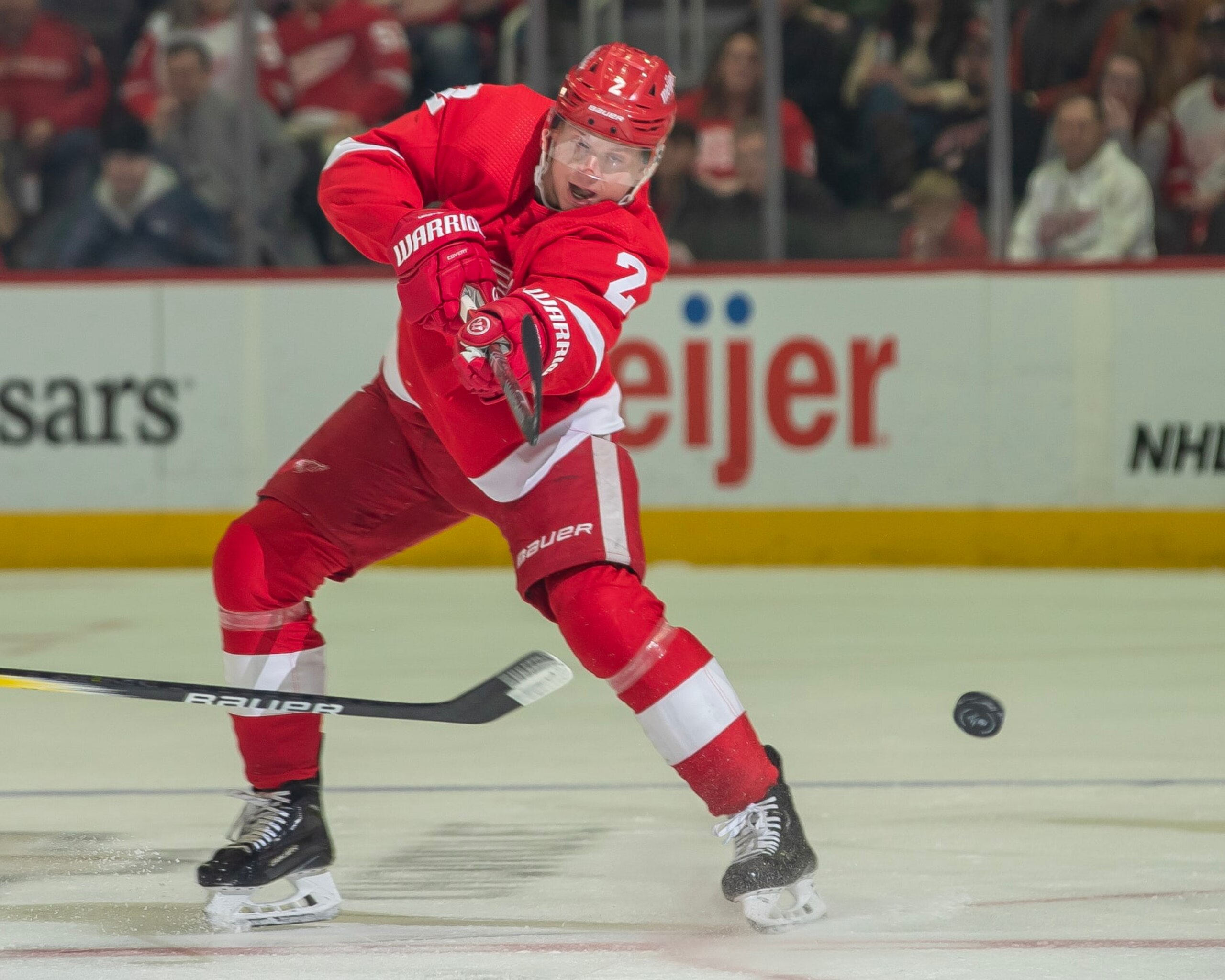 DETROIT, MI - DECEMBER 31: Olli Maatta #2 of the Detroit Red Wings shoots the puck against the Boston Bruins in the first period during the New Years Eve game at Little Caesars Arena on December 31, 2023 in Detroit, Michigan. Boston defeated Detroit 5-3. (Photo by Dave Reginek/NHLI via Getty Images)