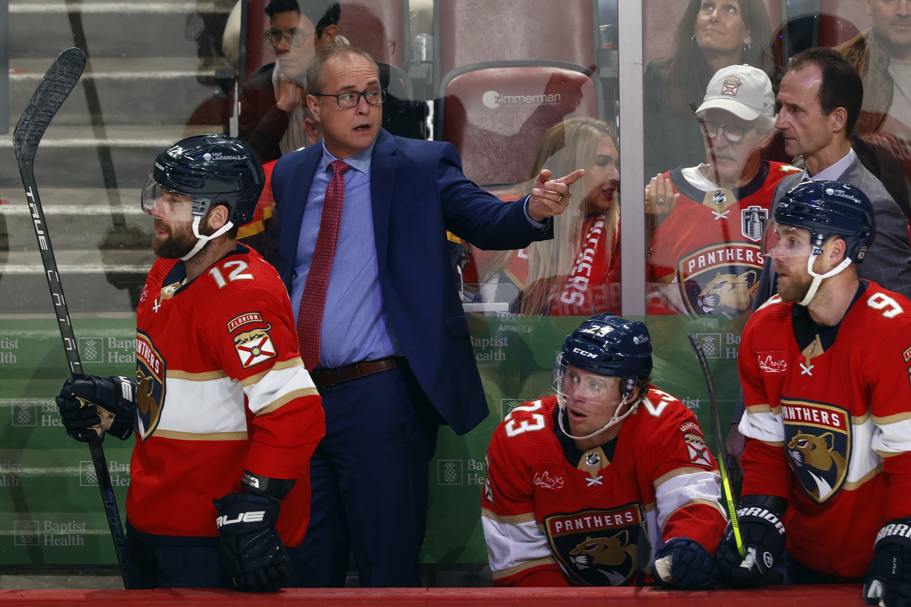 SUNRISE, FL - JANUARY 19: Head coach Paul Maurice of the Florida Panthers directs the players during second period action against the Minnesota Wild at the Amerant Bank Arena on January 19, 2024 in Sunrise, Florida. (Photo by Joel Auerbach/Getty Images)