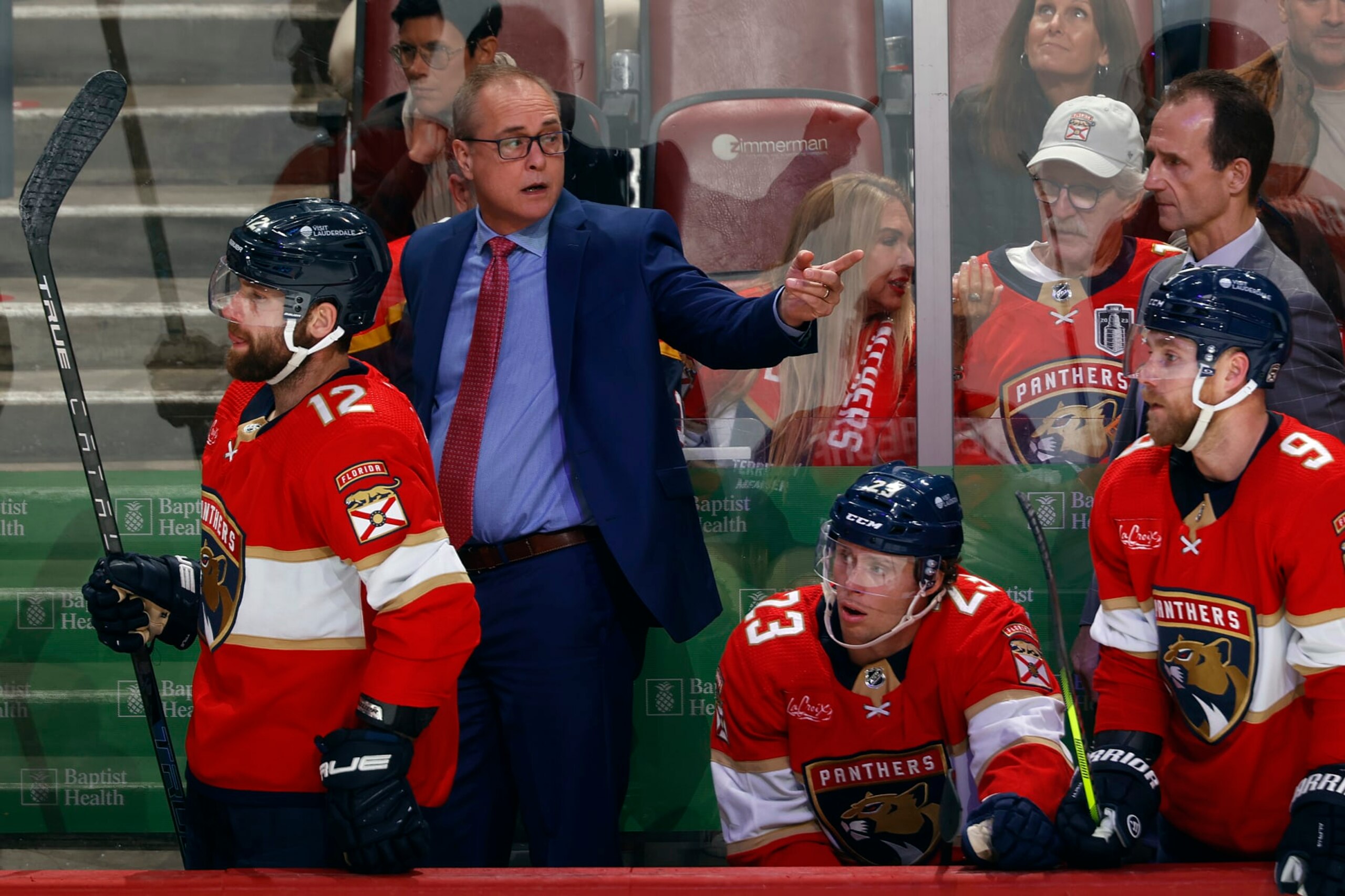 SUNRISE, FL - JANUARY 19: Head coach Paul Maurice of the Florida Panthers directs the players during second period action against the Minnesota Wild at the Amerant Bank Arena on January 19, 2024 in Sunrise, Florida. (Photo by Joel Auerbach/Getty Images)