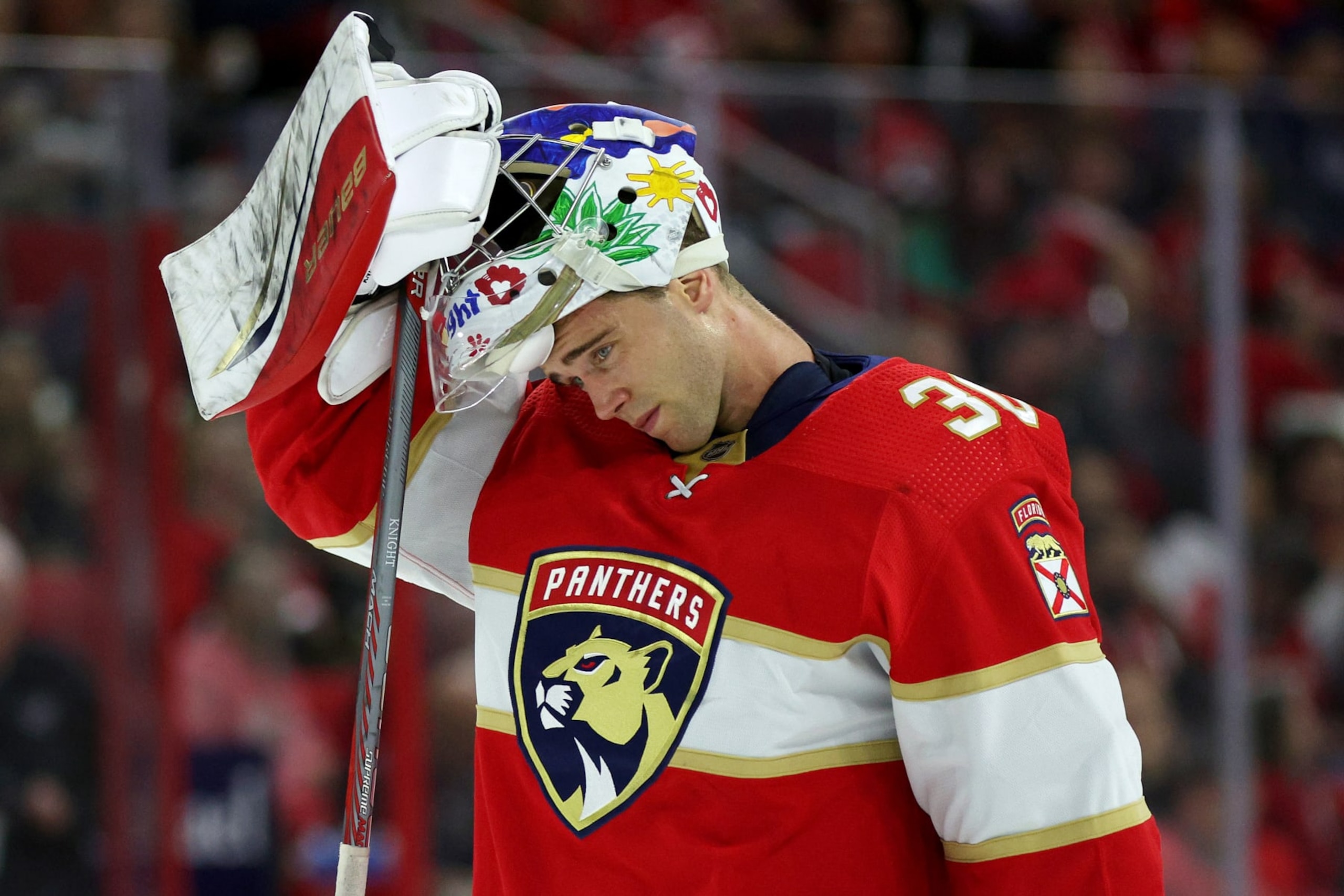RALEIGH, NORTH CAROLINA - SEPTEMBER 27: Spencer Knight #30 of the Florida Panthers looks on during the second period of their game against the Carolina Hurricanes at PNC Arena on September 27, 2023 in Raleigh, North Carolina. (Photo by Jared C. Tilton/Getty Images)
