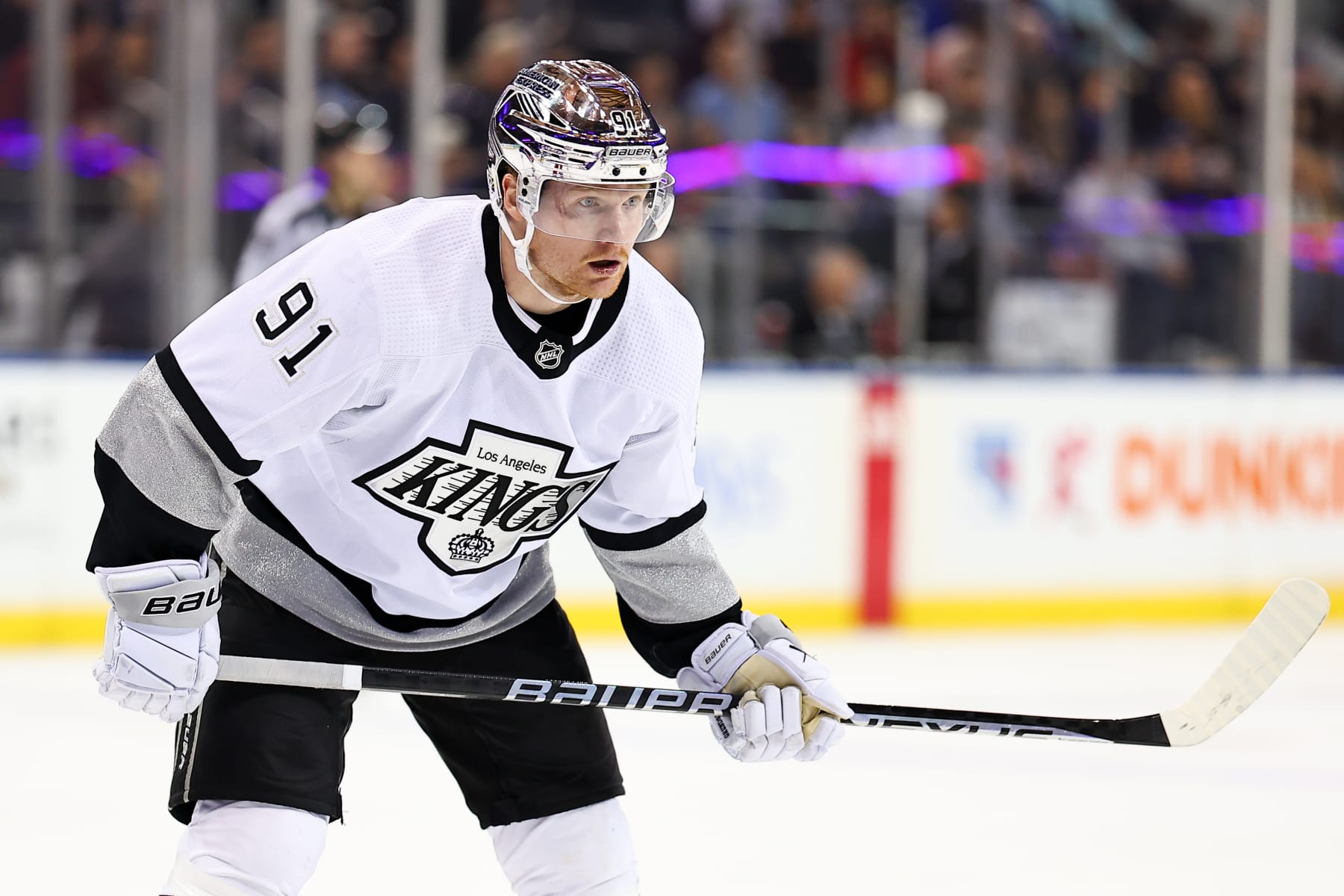 NEW YORK, NY - DECEMBER 10:  Carl Grundstrom #91 of the Los Angeles Kings during the game against the New York Rangers on December 10, 2023 at Madison Square Garden in New York, New York,  (Photo by Rich Graessle/Getty Images)