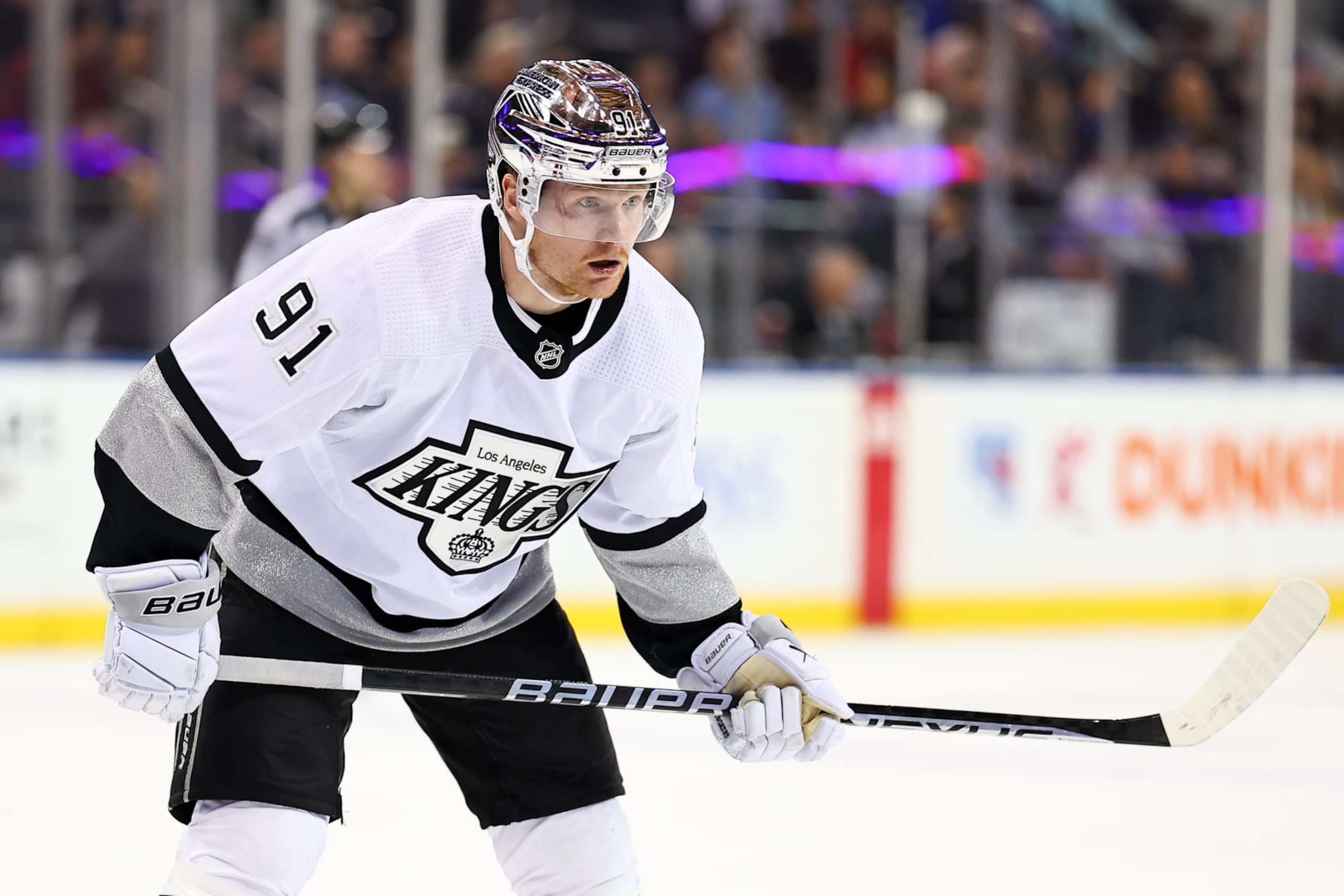 NEW YORK, NY - DECEMBER 10:  Carl Grundstrom #91 of the Los Angeles Kings during the game against the New York Rangers on December 10, 2023 at Madison Square Garden in New York, New York,  (Photo by Rich Graessle/Getty Images)