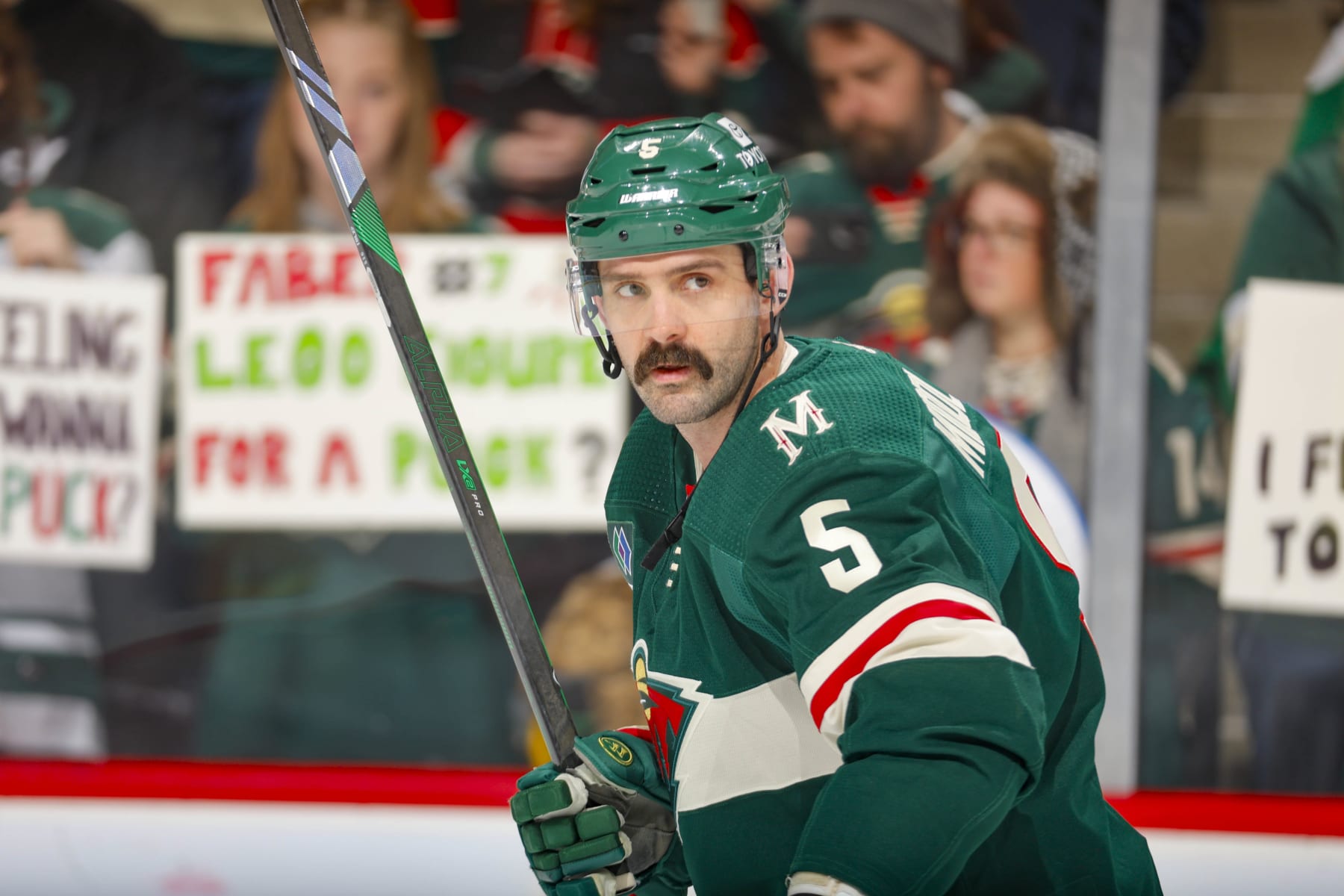 SAINT PAUL, MN - JANUARY 15: Jake Middleton #5 of the Minnesota Wild warms up prior to the game against the New York Islanders at the Xcel Energy Center on January 15, 2024 in Saint Paul, Minnesota. (Photo by Bruce Kluckhohn/NHLI via Getty Images)