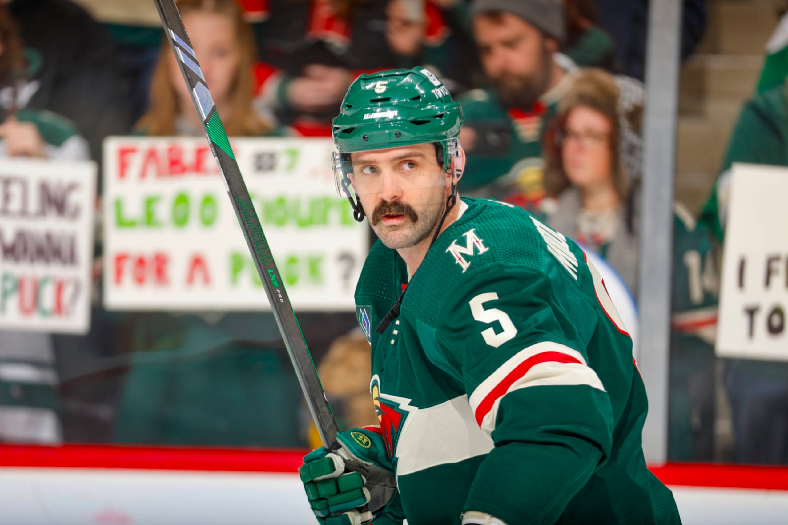 SAINT PAUL, MN - JANUARY 15: Jake Middleton #5 of the Minnesota Wild warms up prior to the game against the New York Islanders at the Xcel Energy Center on January 15, 2024 in Saint Paul, Minnesota. (Photo by Bruce Kluckhohn/NHLI via Getty Images)