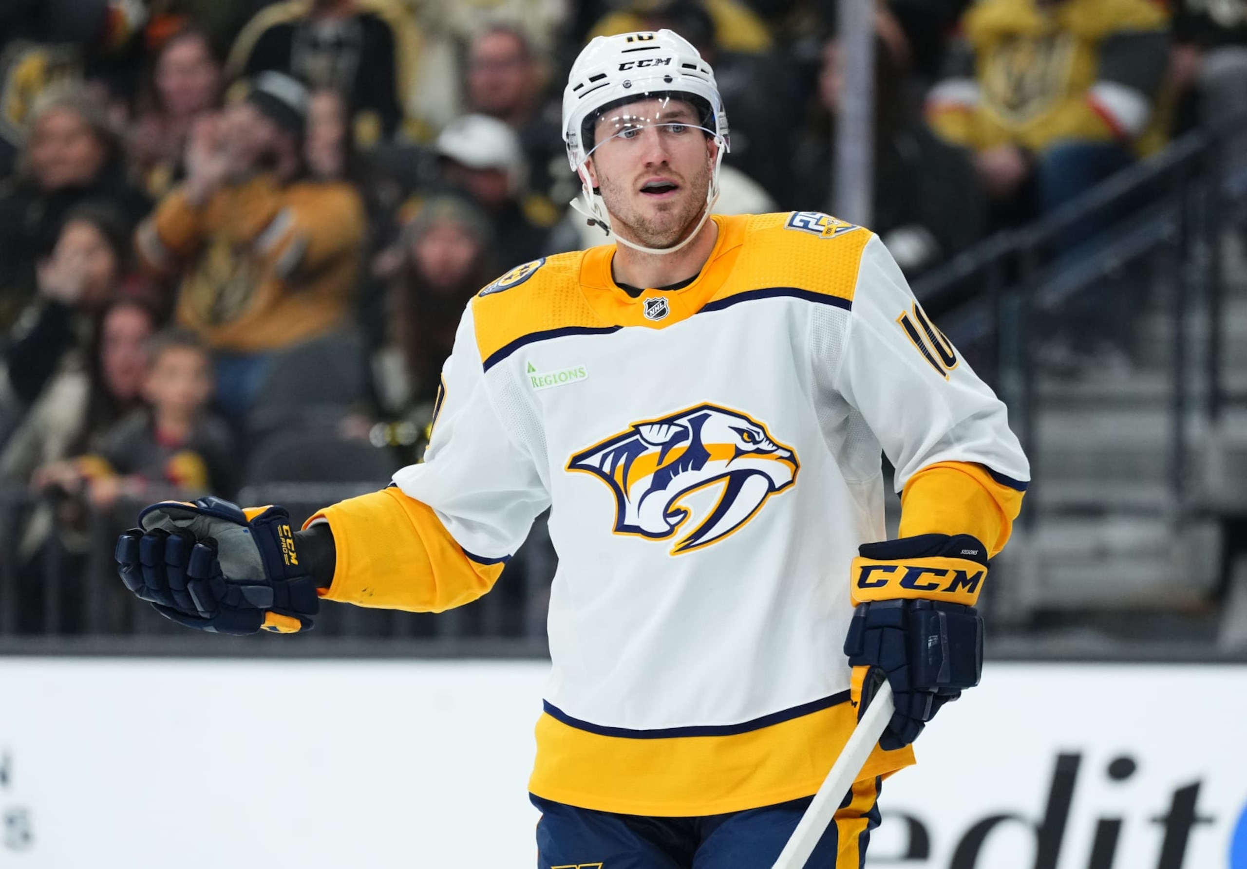 LAS VEGAS, NEVADA - JANUARY 15: Colton Sissons #10 of the Nashville Predators protests a penalty during the second period against the Vegas Golden Knights at T-Mobile Arena on January 15, 2024 in Las Vegas, Nevada. (Photo by Jeff Bottari/NHLI via Getty Images)