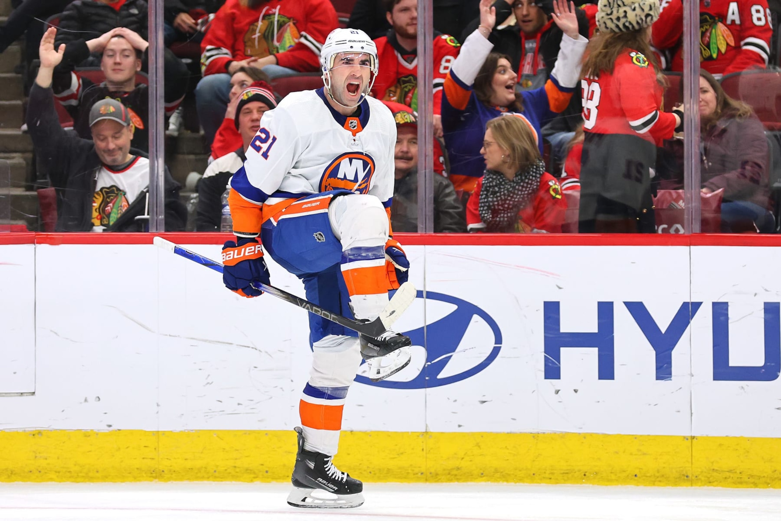 CHICAGO, ILLINOIS - JANUARY 19: Kyle Palmieri #21 of the New York Islanders celebrates after scoring a goal against the Chicago Blackhawks during the third period at the United Center on January 19, 2024 in Chicago, Illinois. (Photo by Michael Reaves/Getty Images)